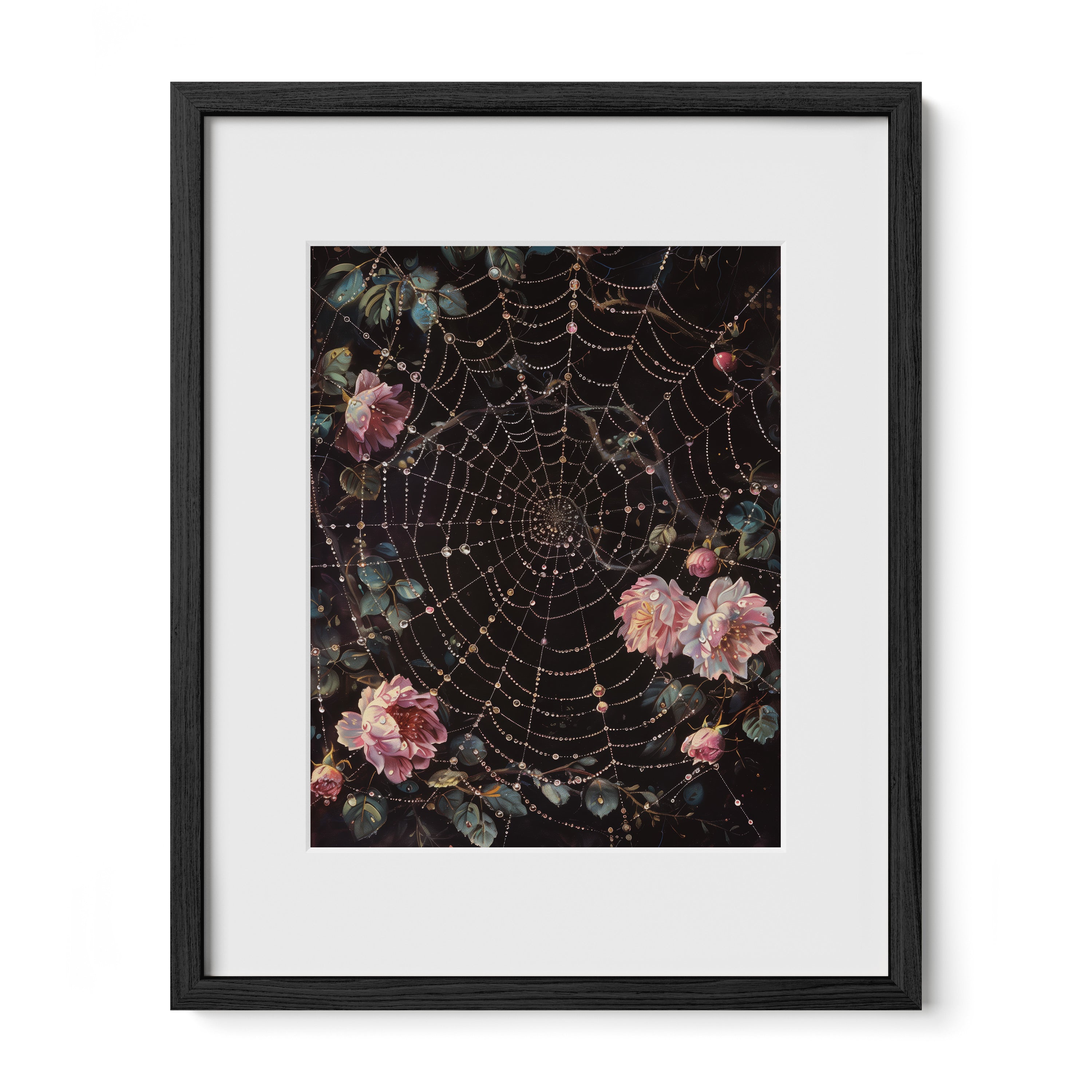 black framed dark botanical rose wall art print with mat