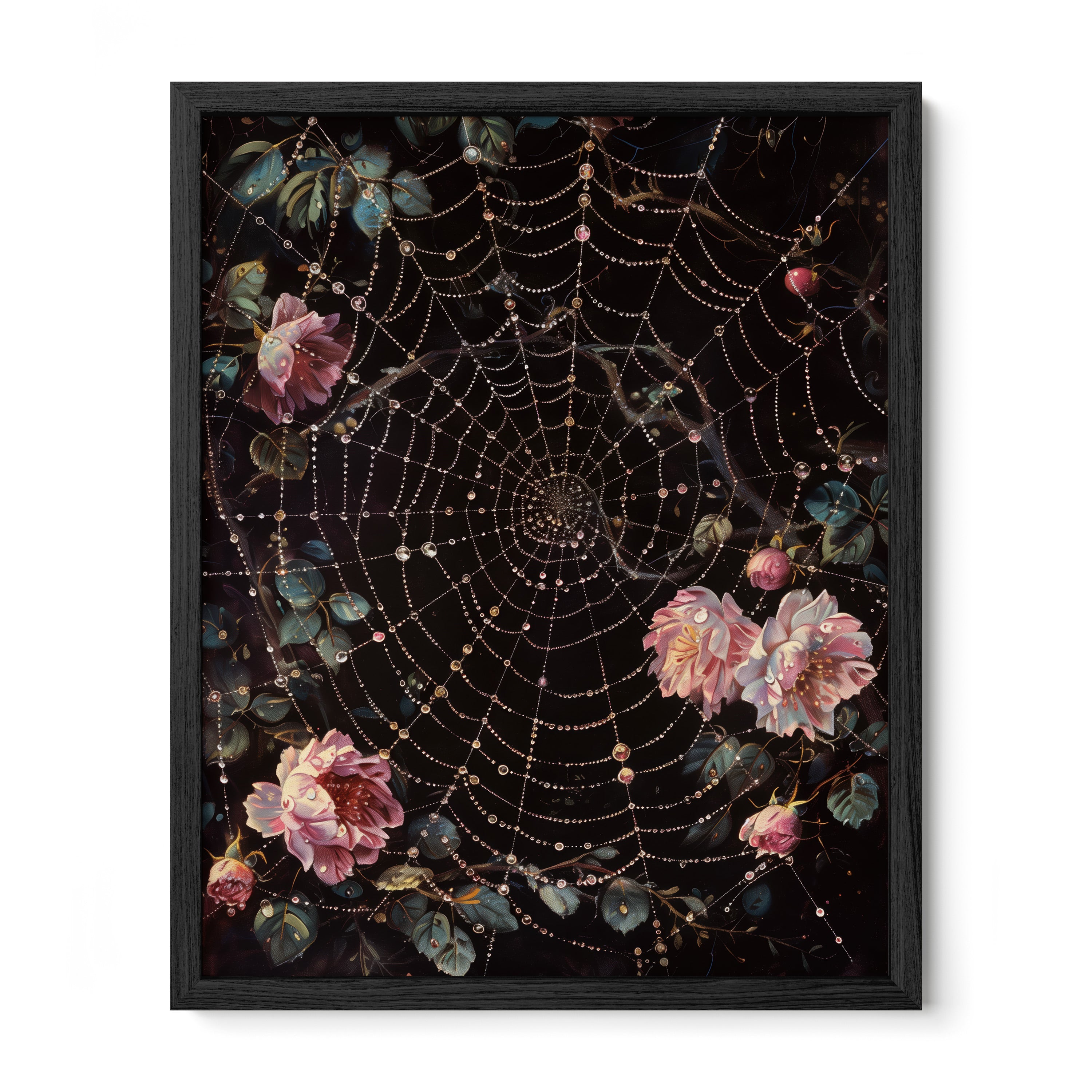 black framed gothic spiderweb floral wall art print