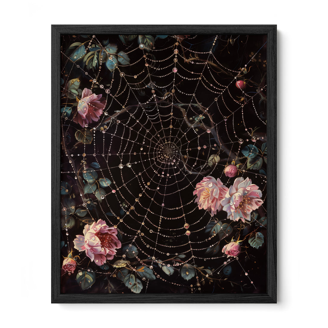 black framed gothic spiderweb floral wall art print
