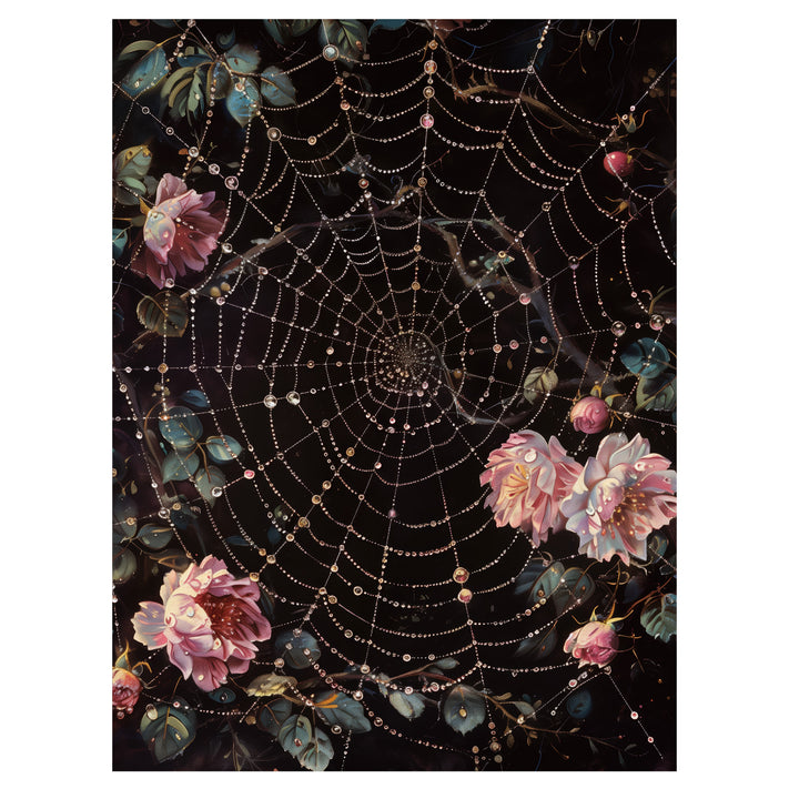 gothic spiderweb floral wall art print with roses and dew covered web