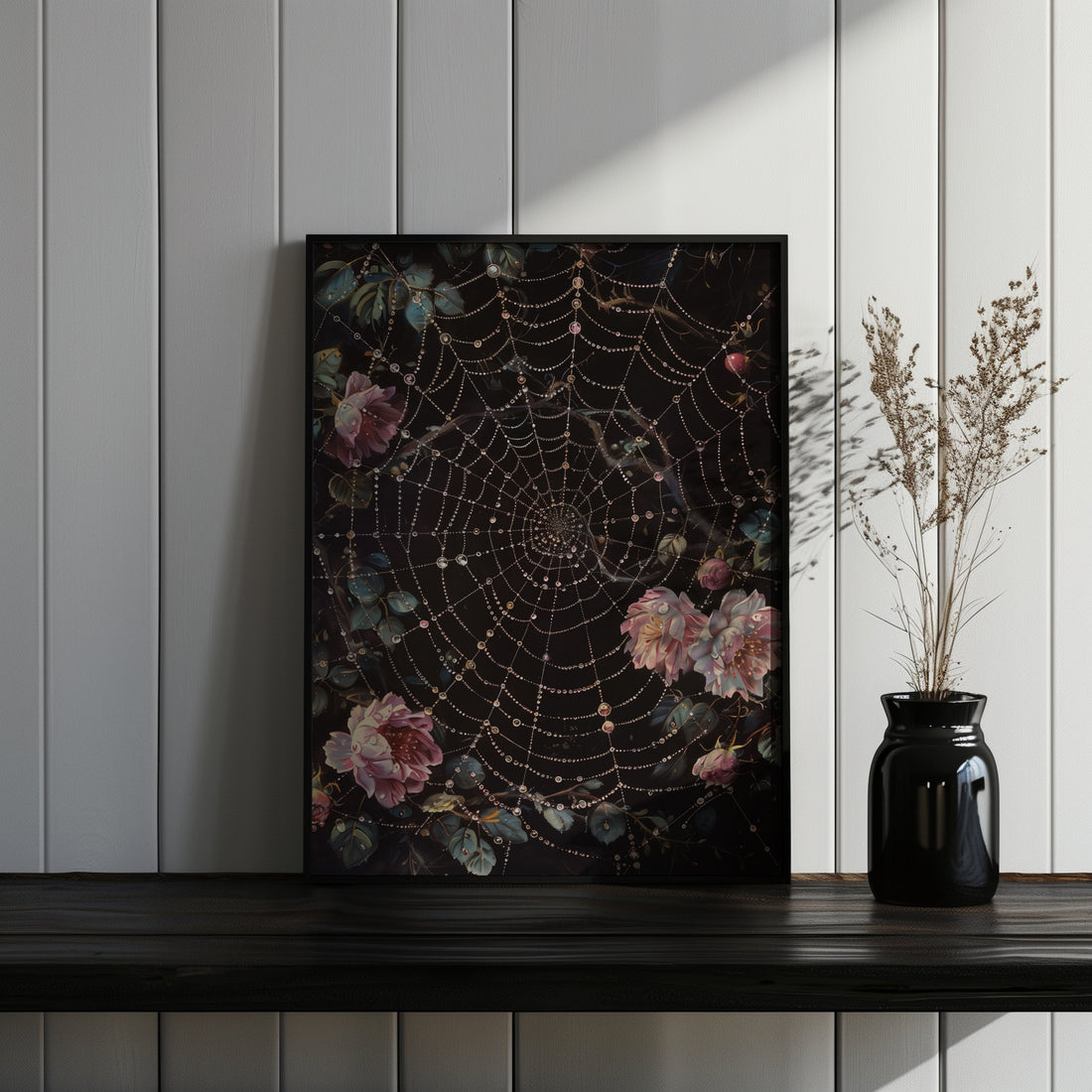 thin black framed gothic spiderweb floral wall art print