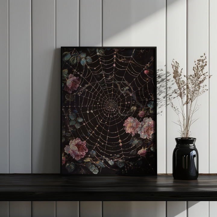 thin black framed gothic spiderweb floral wall art print