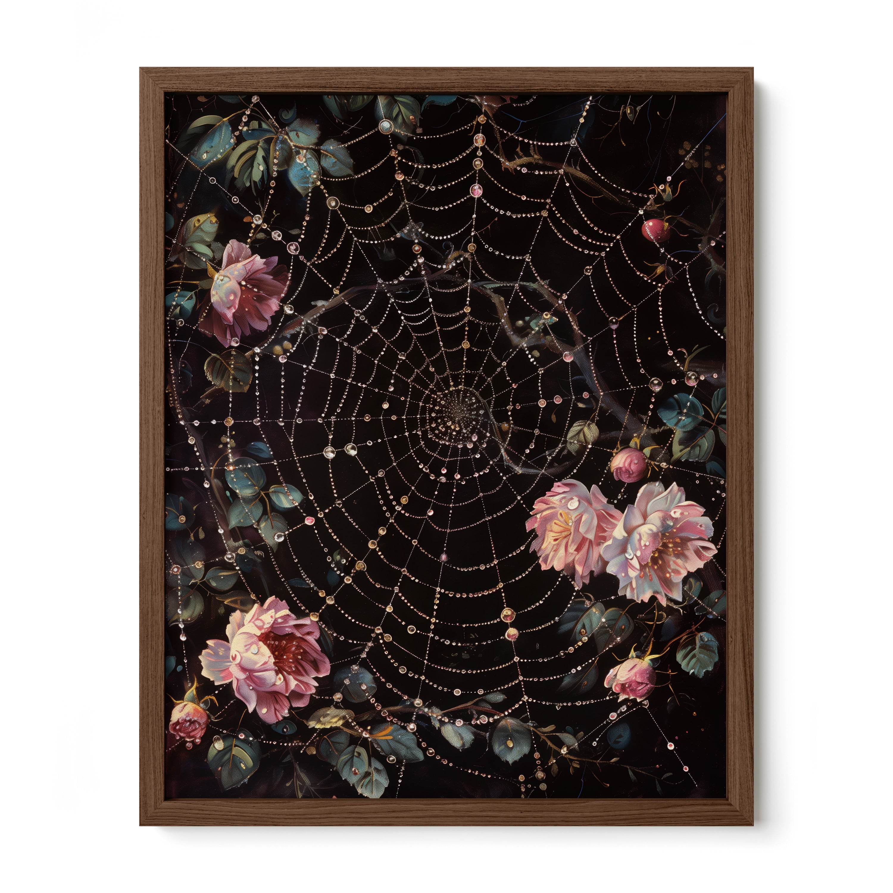 walnut framed gothic floral spiderweb wall art print