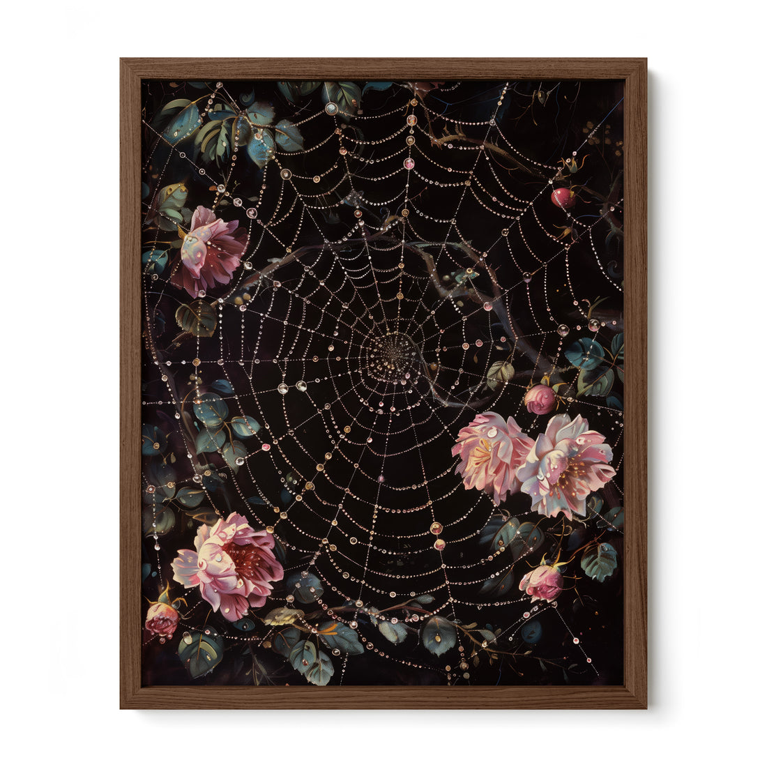 walnut framed gothic floral spiderweb wall art print