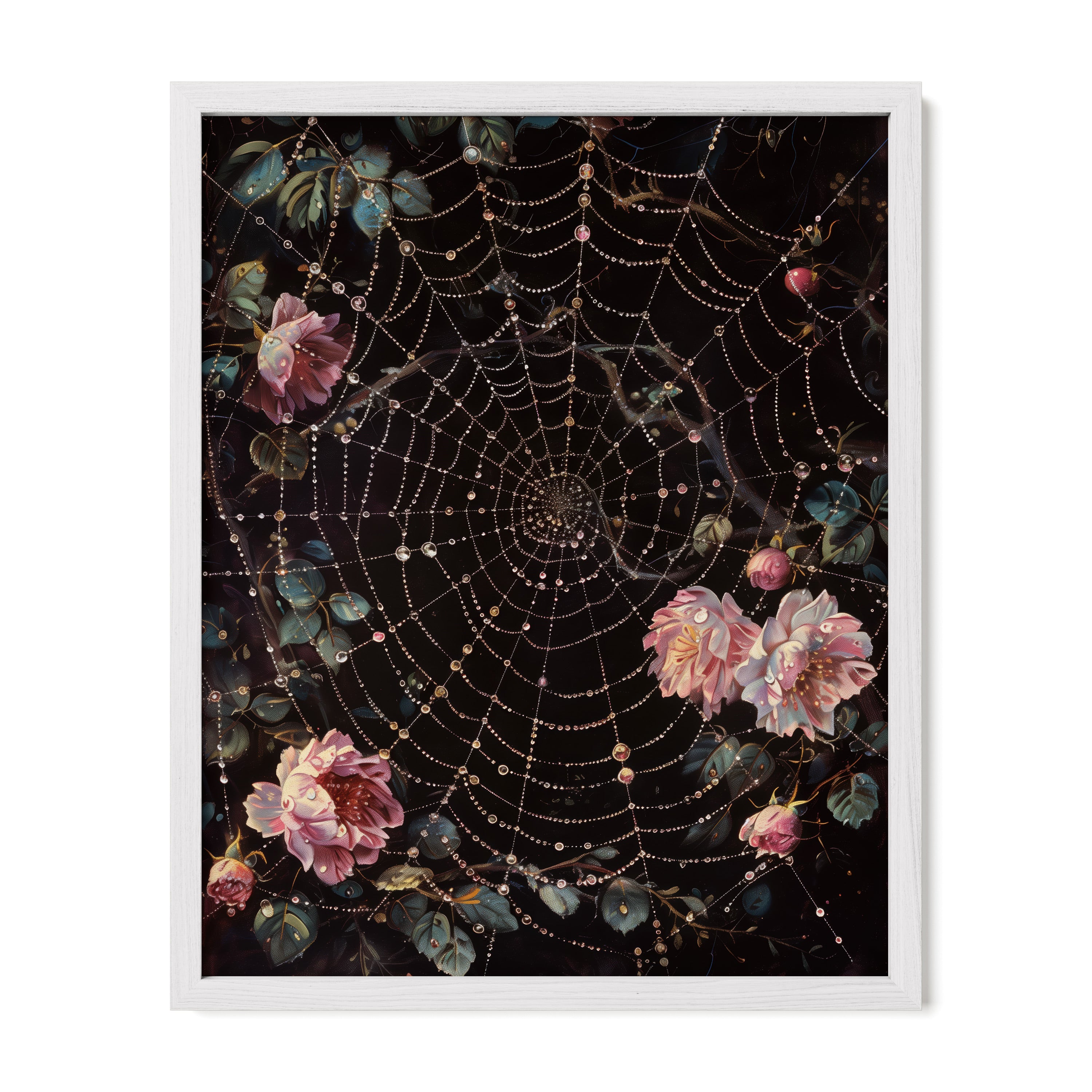 white framed gothic rose spiderweb wall art print