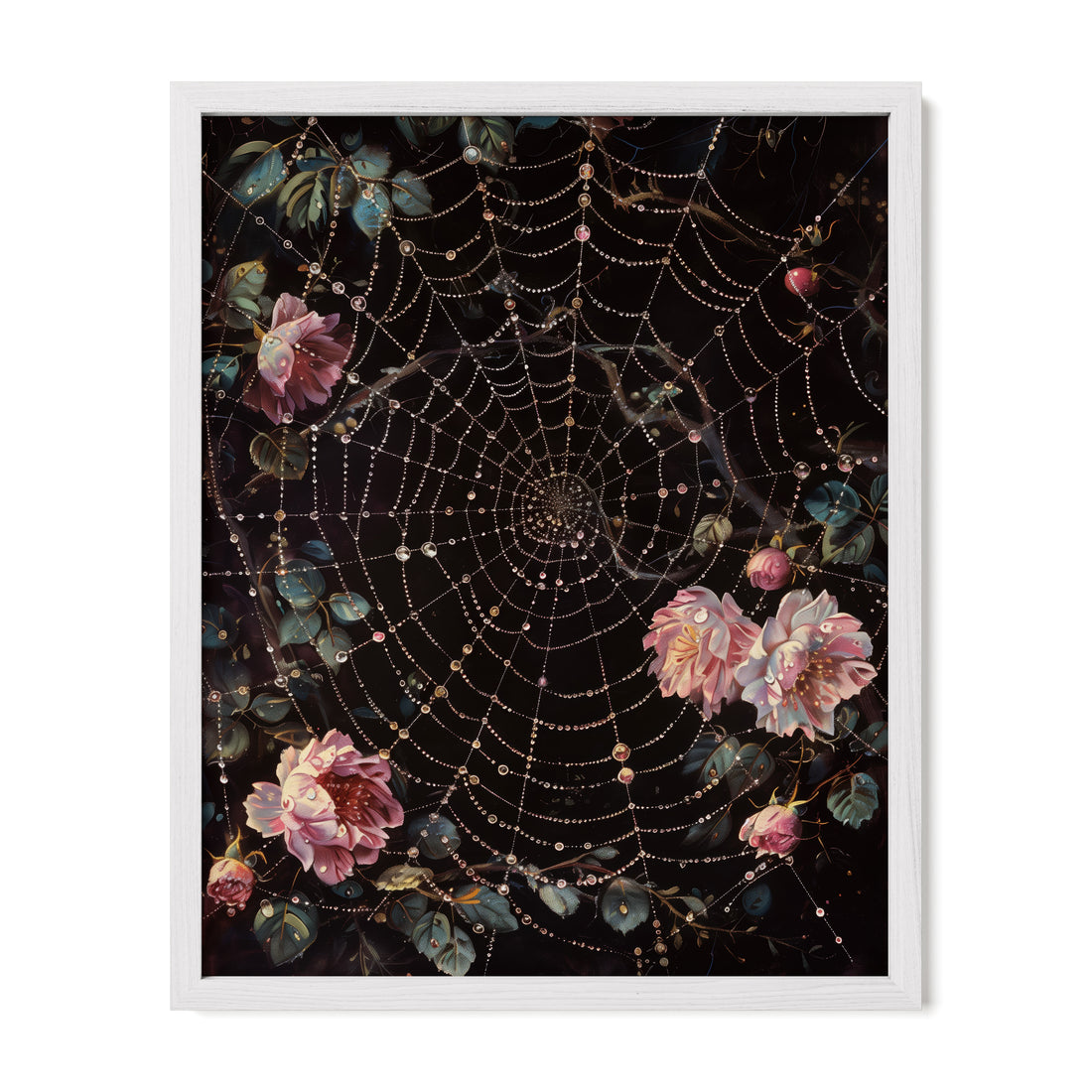 white framed gothic rose spiderweb wall art print