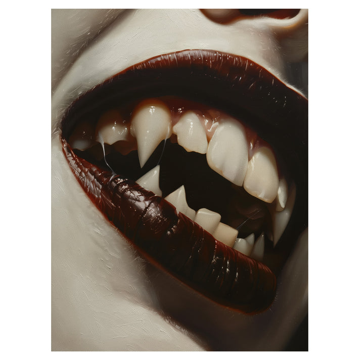 gothic vampire wall art print with dark lips and gleaming fangs