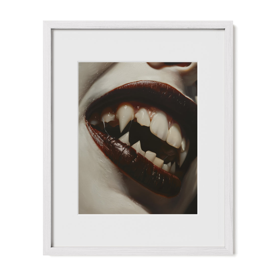 white framed dark feminine vampire wall art print with mat