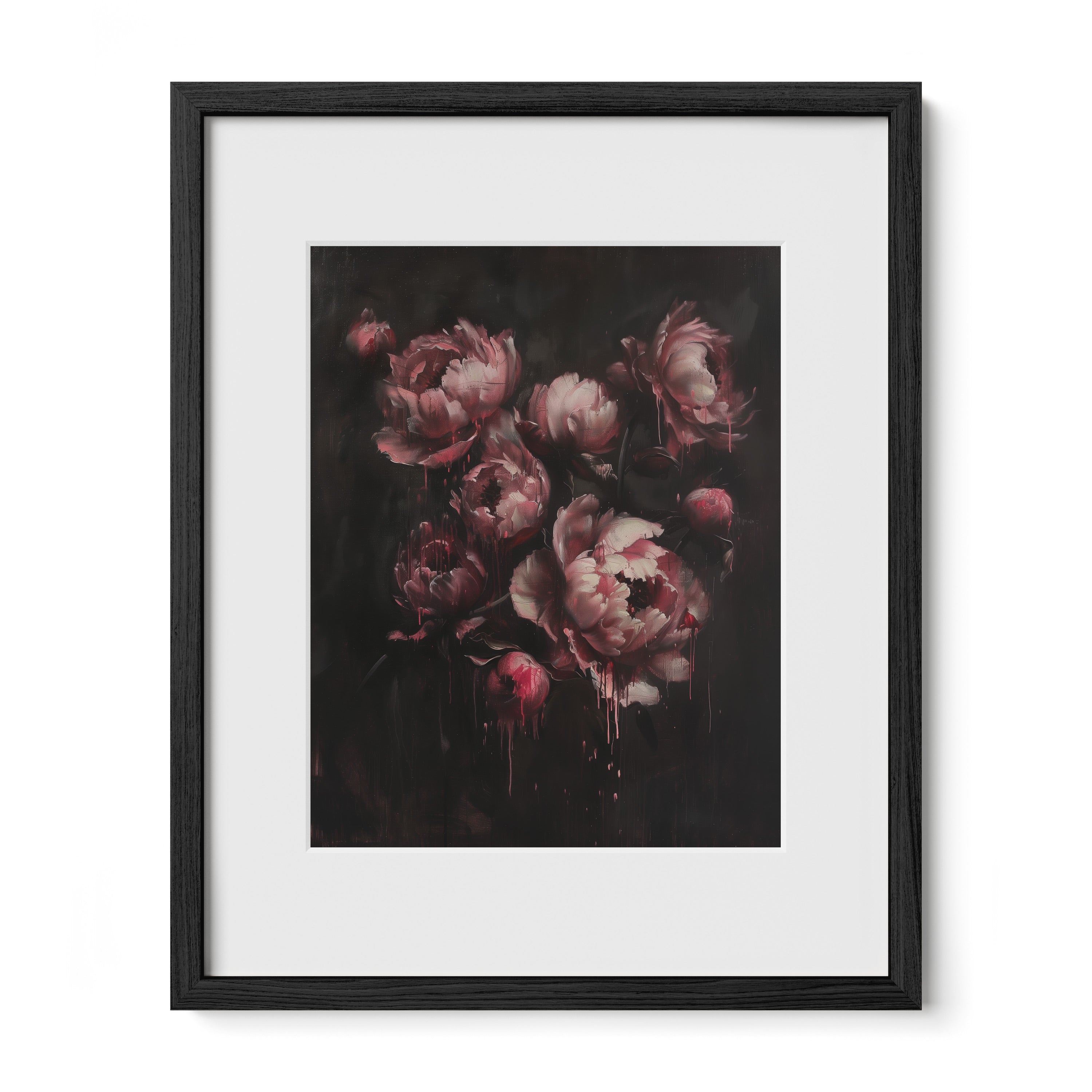 black framed dark floral peony wall art print with mat
