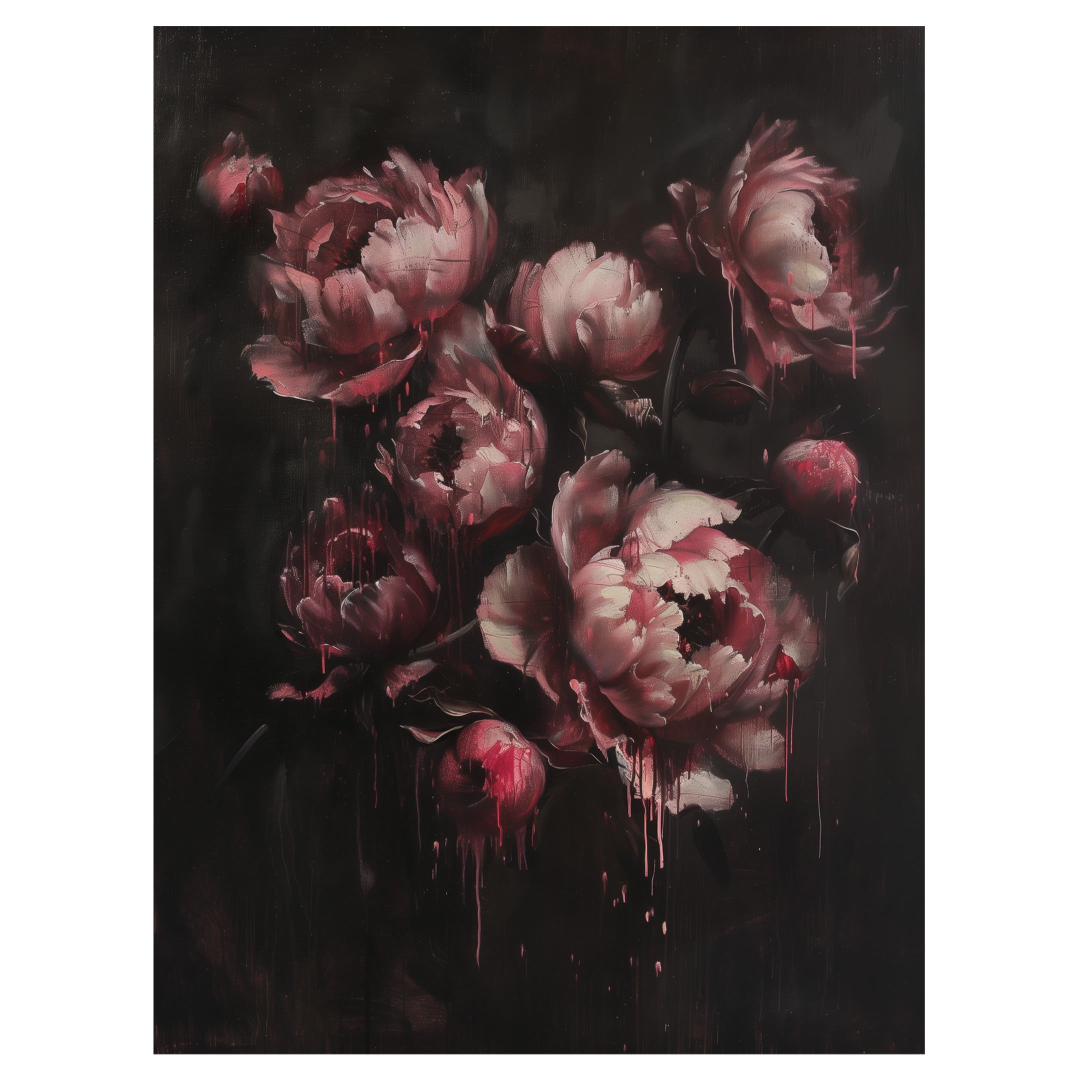 gothic peony floral wall art print with dark crimson peonies in shadow