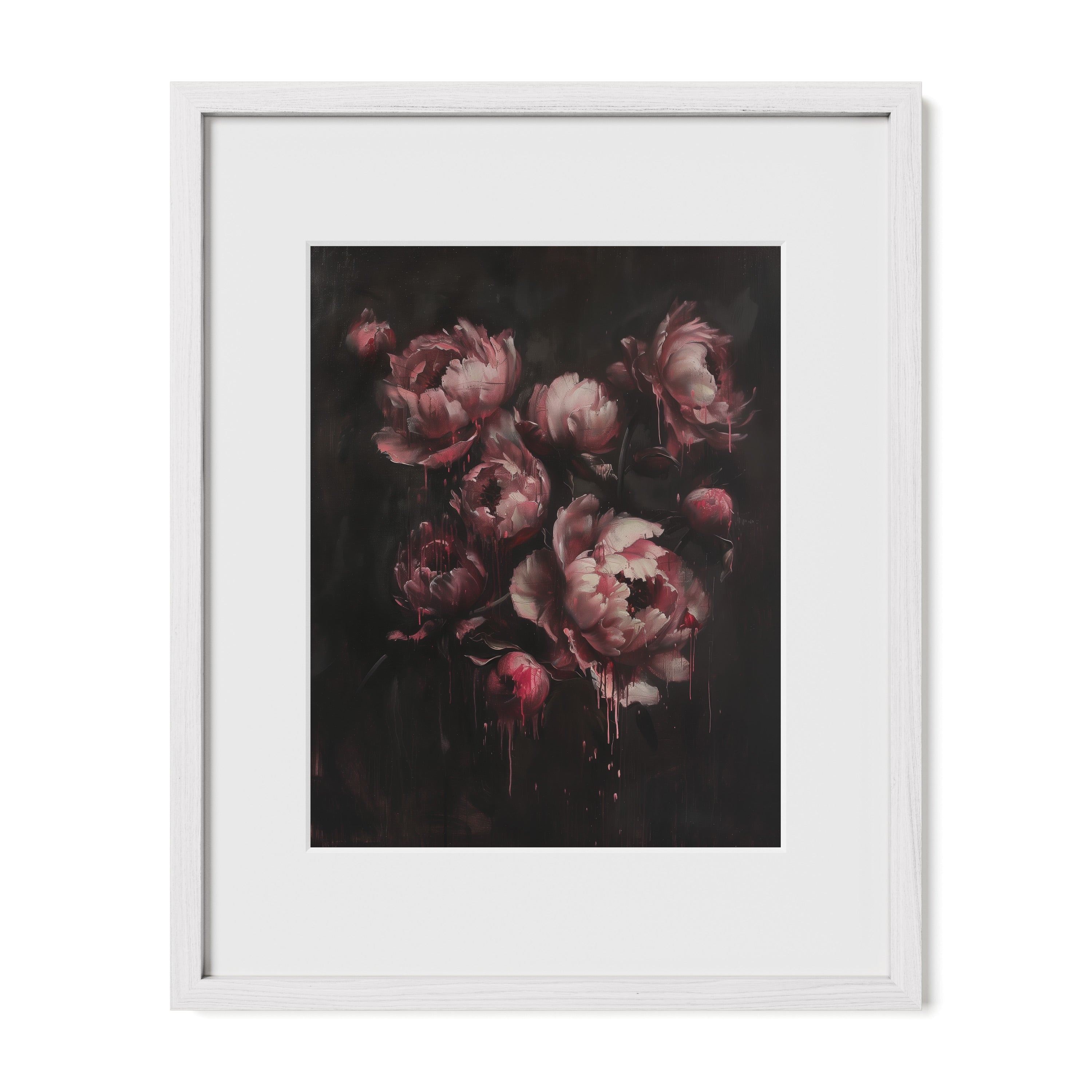 white framed dark botanical floral wall art print with mat