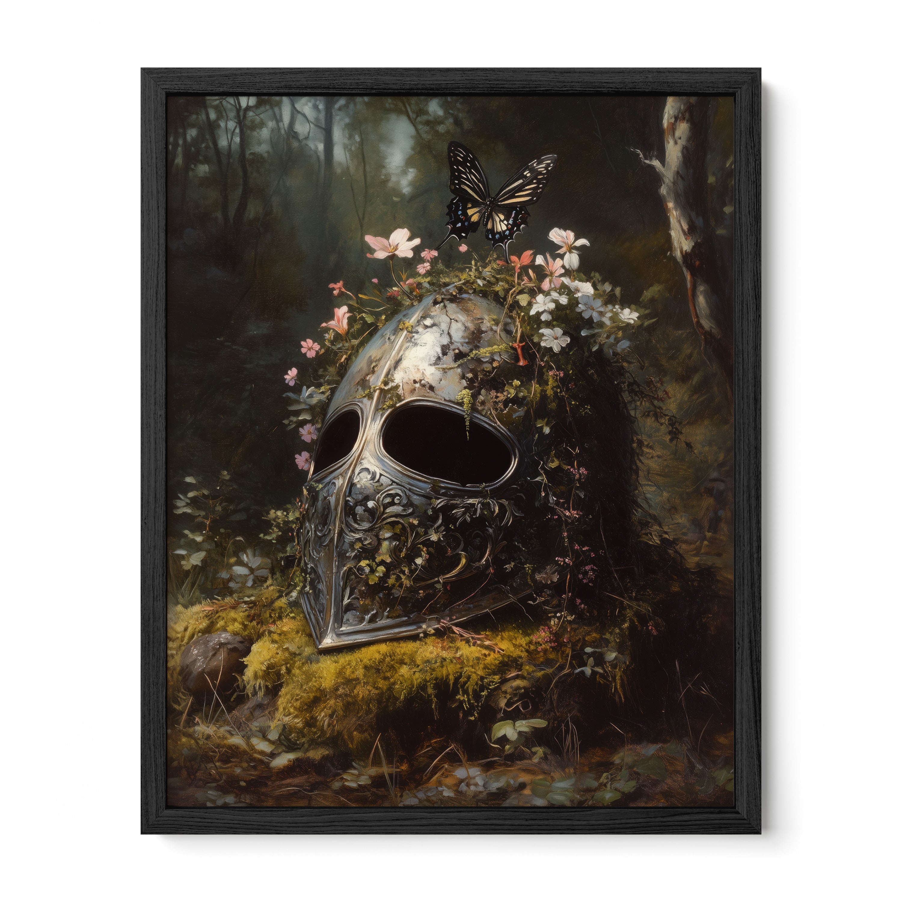 black framed medieval gothic knight helm wall art print