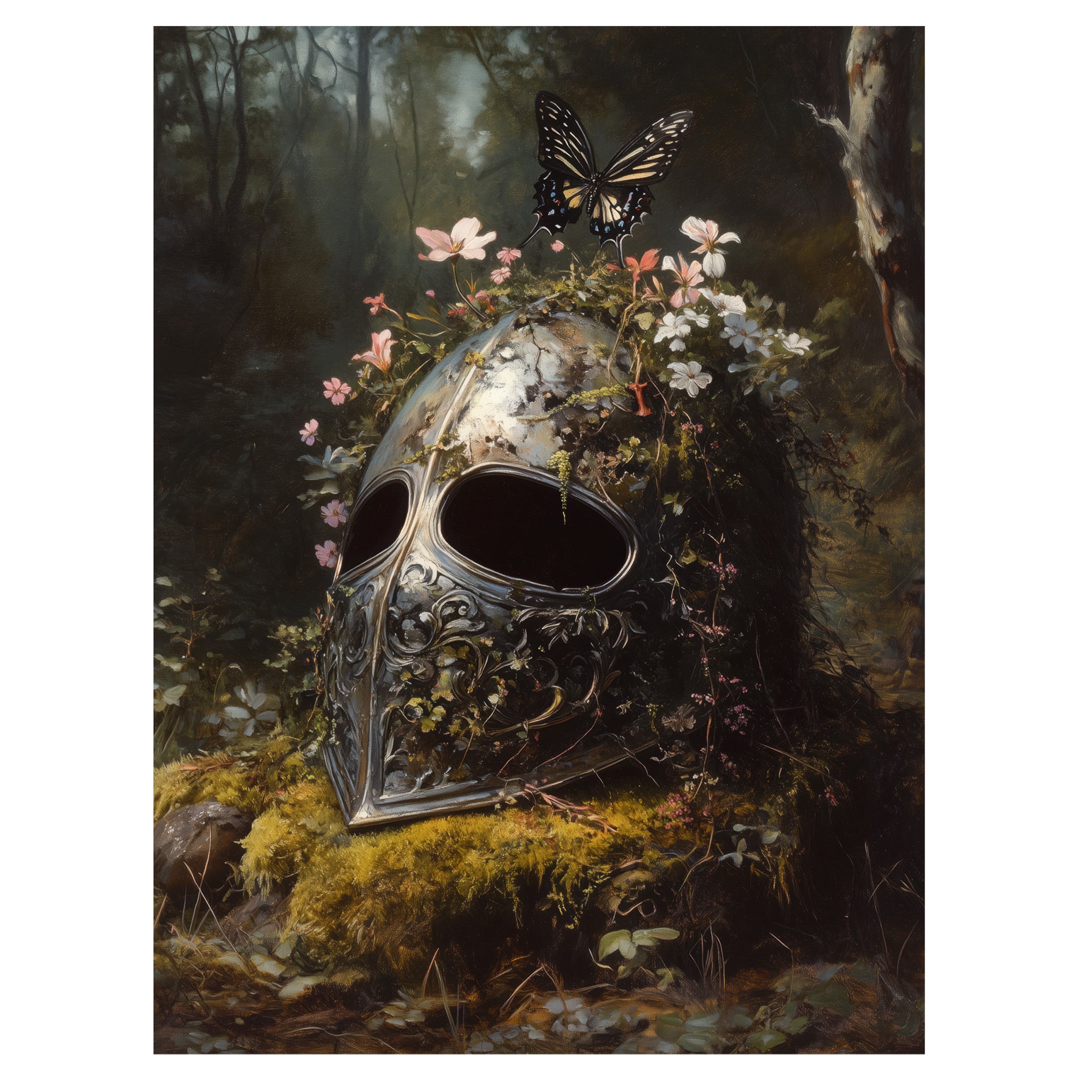 medieval gothic knight helm wall art print with moss-covered helmet and flowers