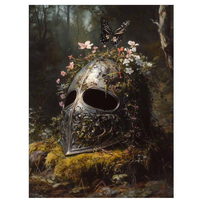 medieval gothic knight helm wall art print with moss-covered helmet and flowers