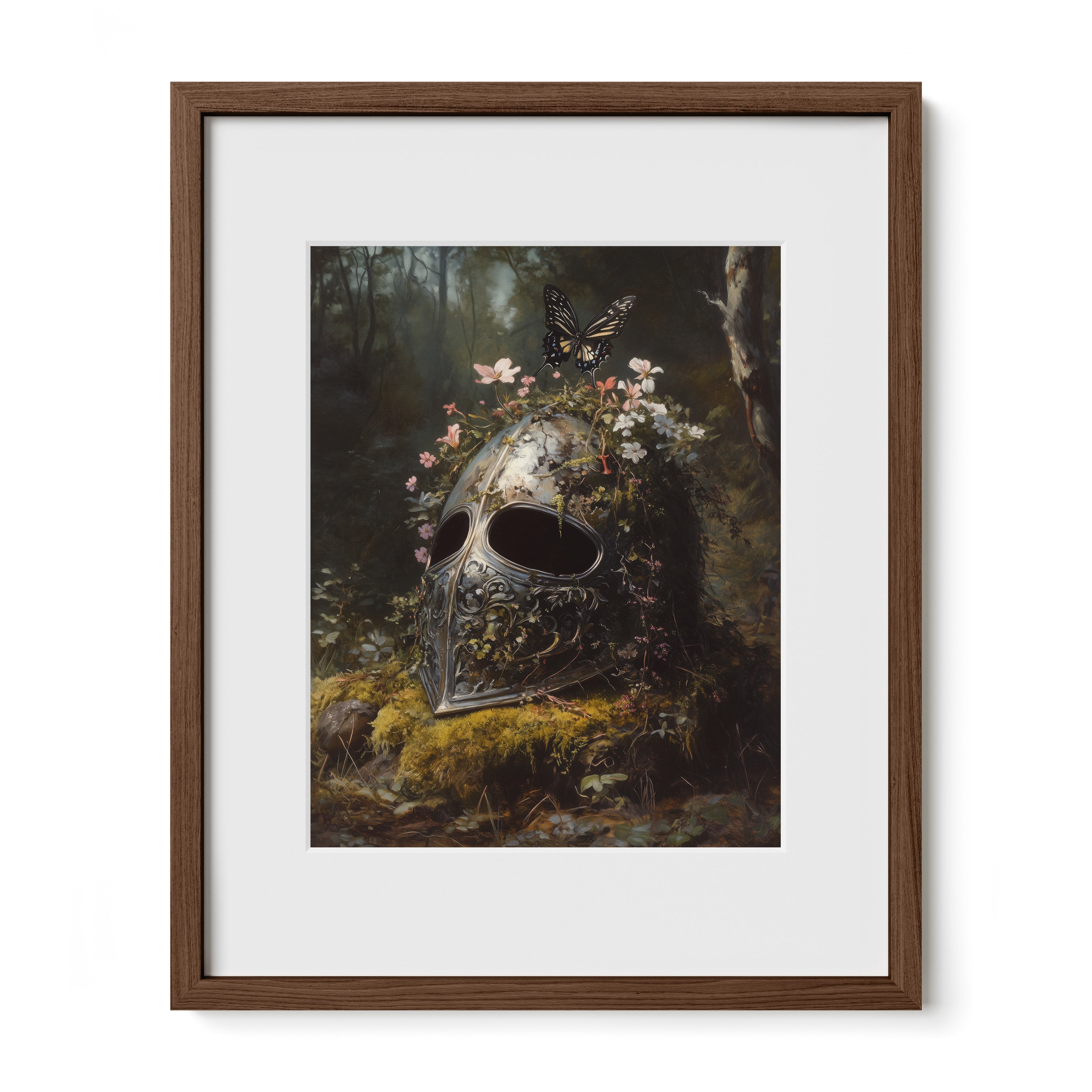 walnut framed knight helm floral wall art print with mat
