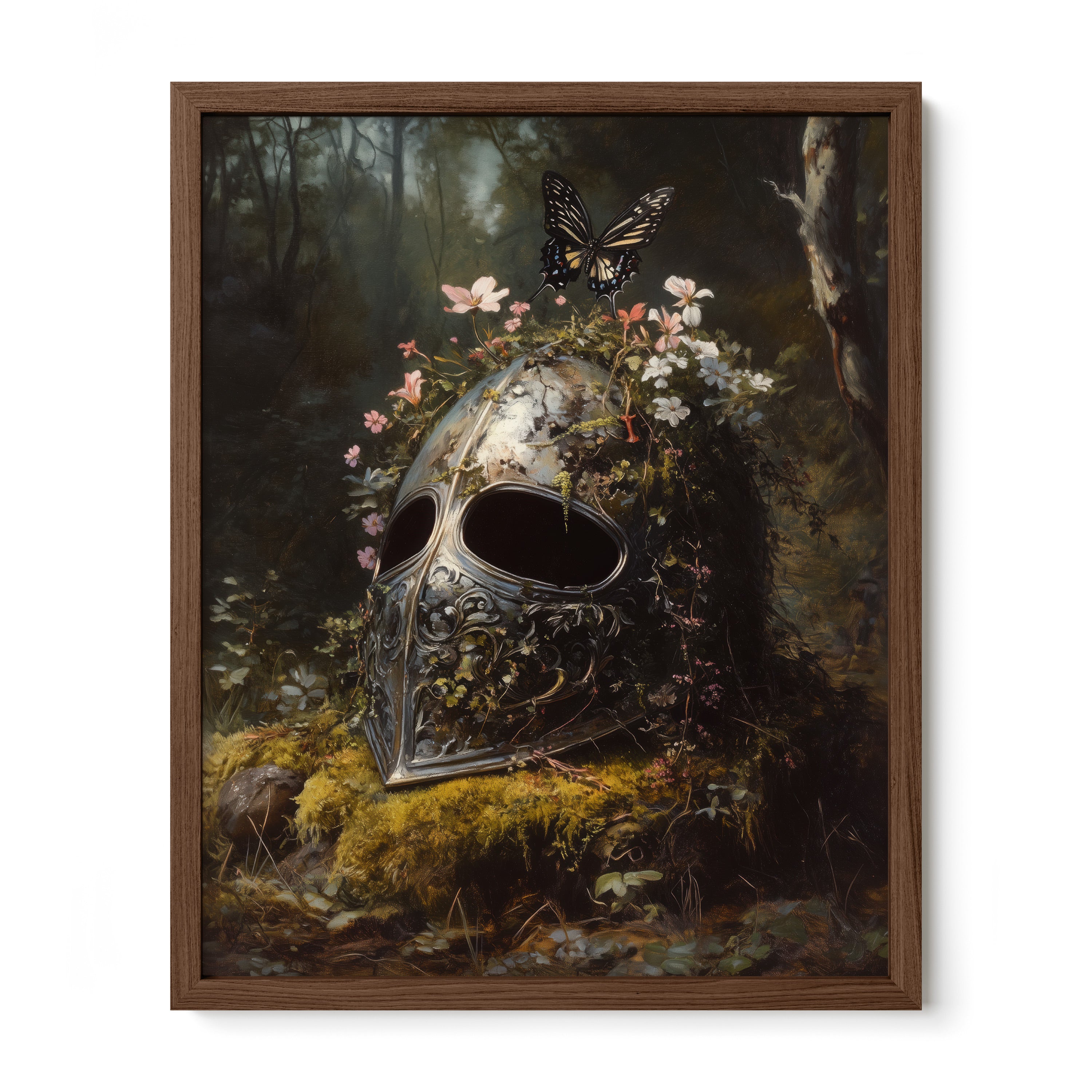 walnut framed medieval gothic knight helm wall art print