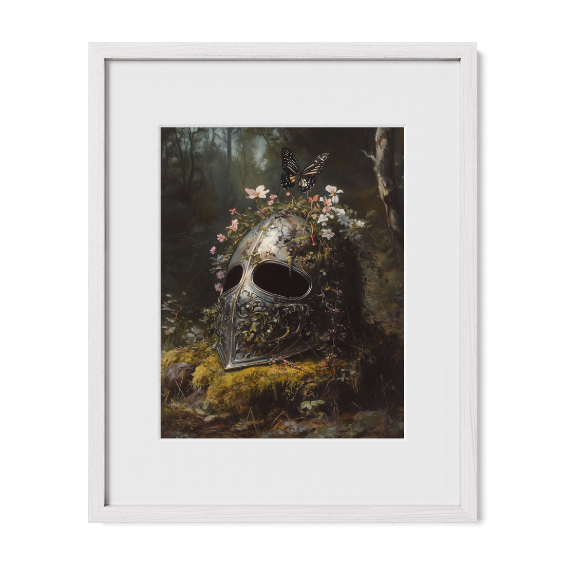 white framed medieval knight helm wall art print with mat