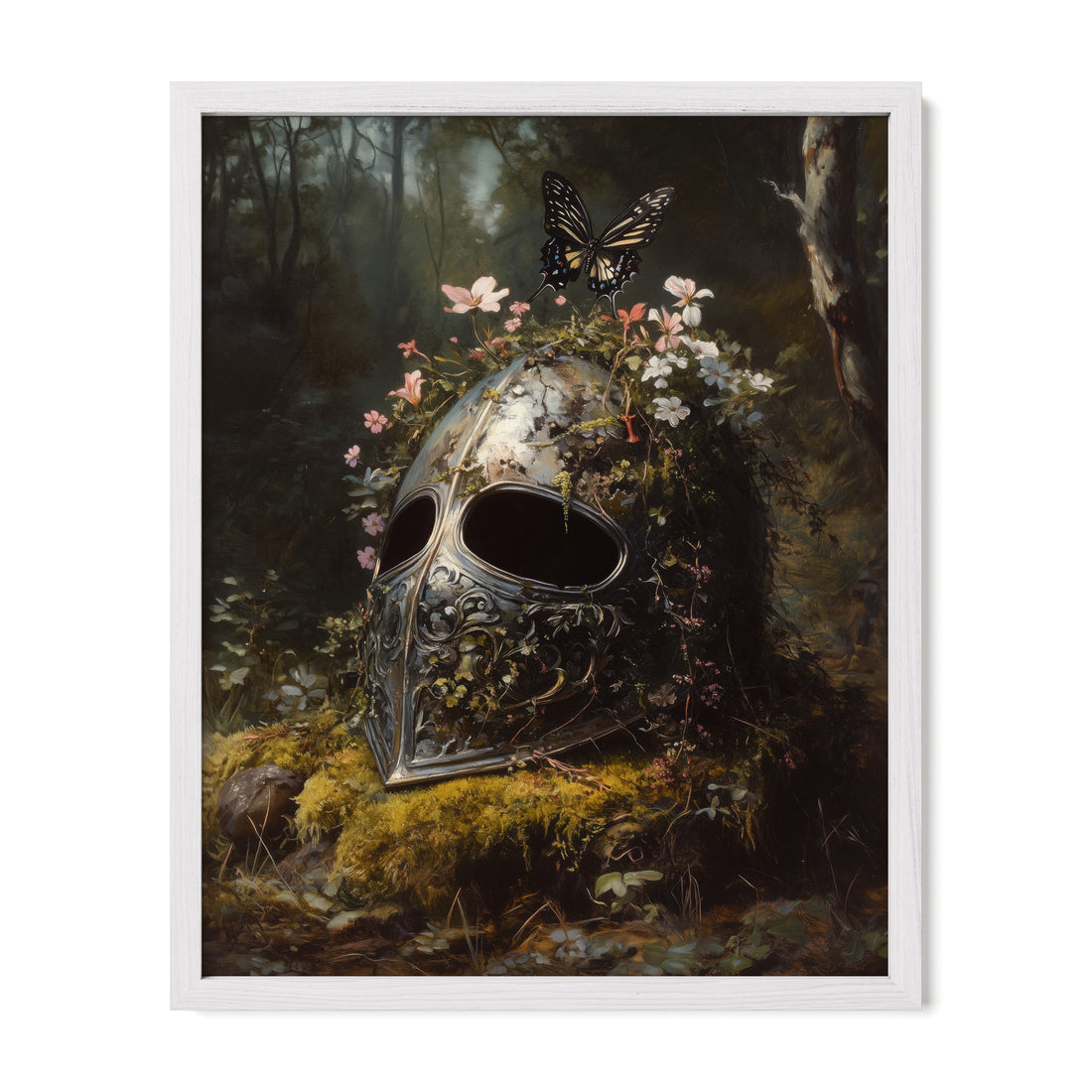 white framed medieval gothic knight helm wall art print