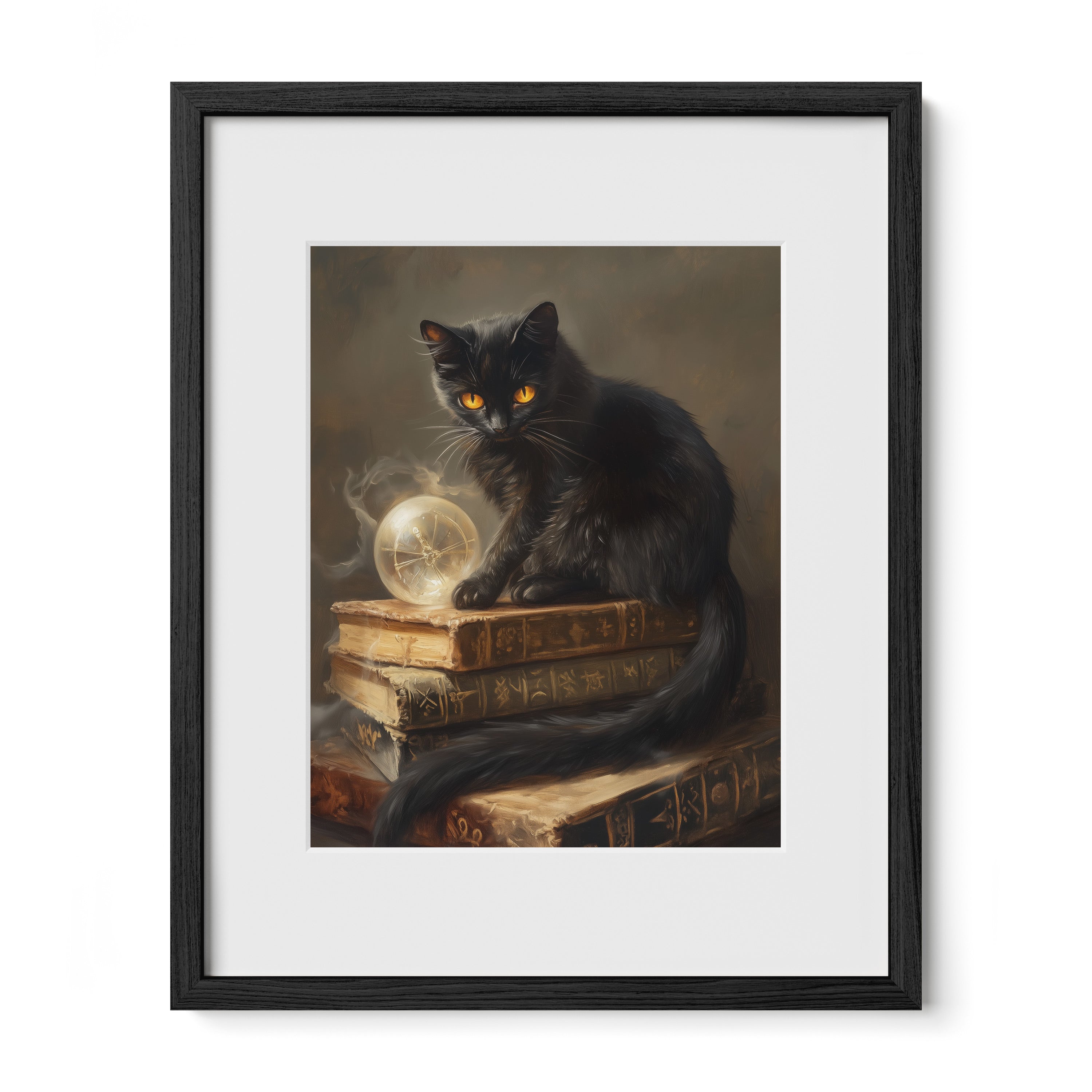 black framed black cat wall art print with mat