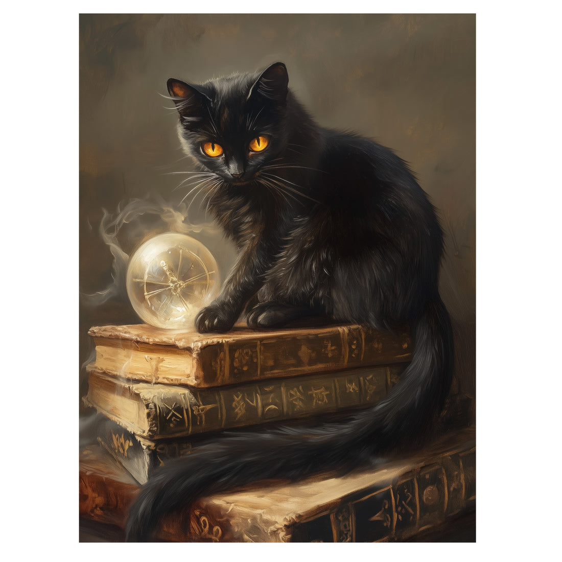 gothic black cat wall art print with cat on antique books and glowing crystal orb