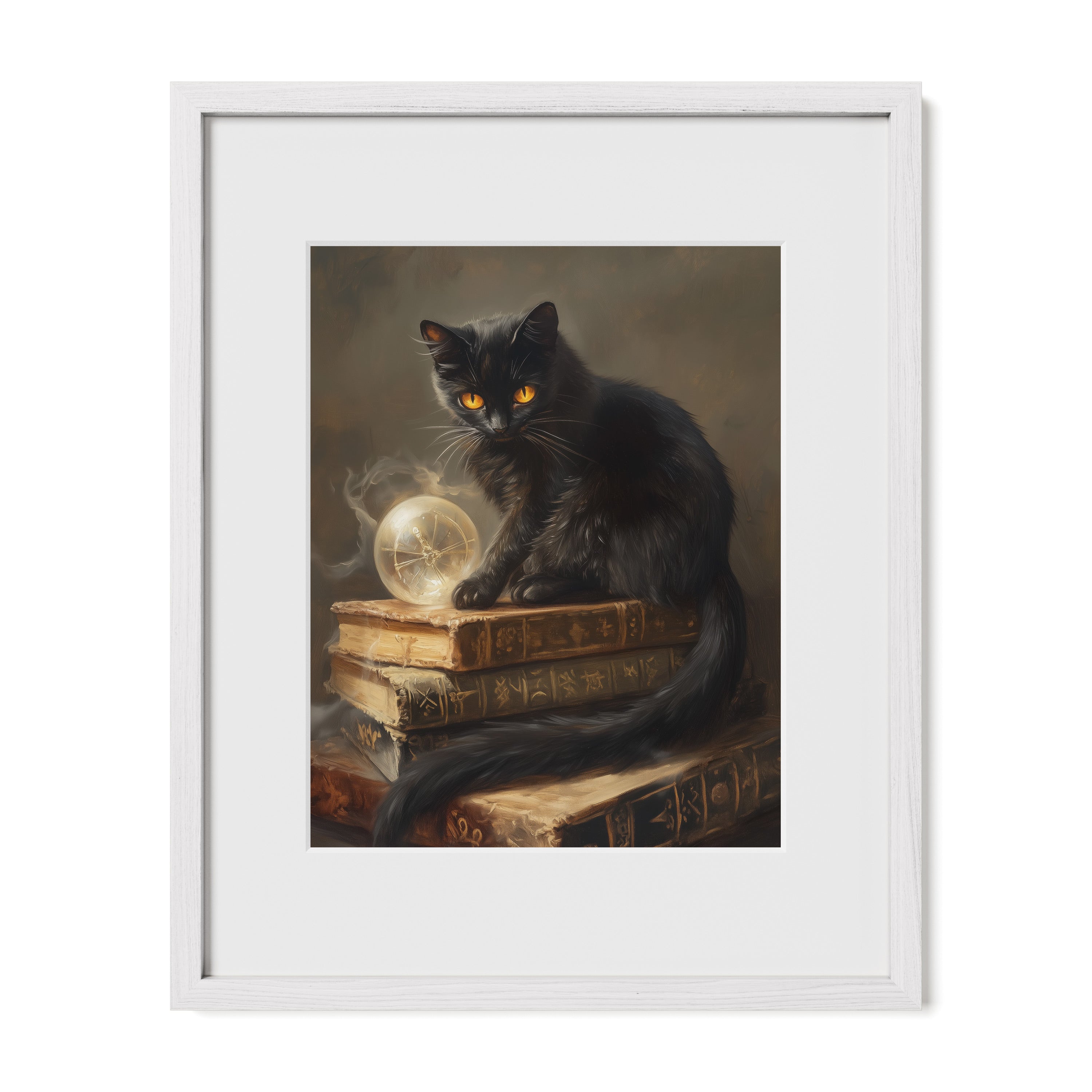 white framed black cat book wall art print with mat
