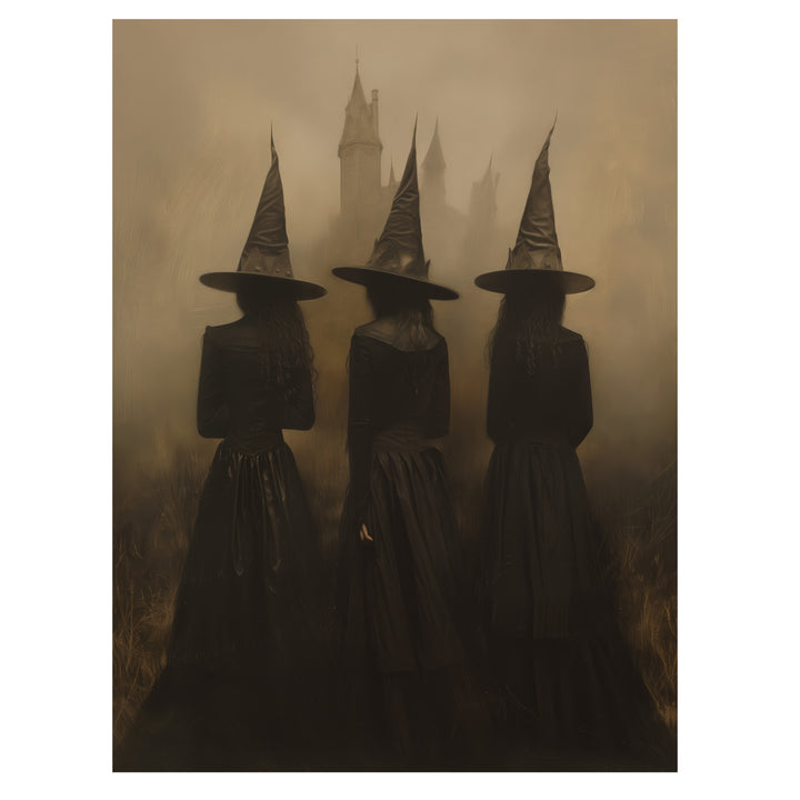 gothic witch wall art print with three witches standing before an ancient castle
