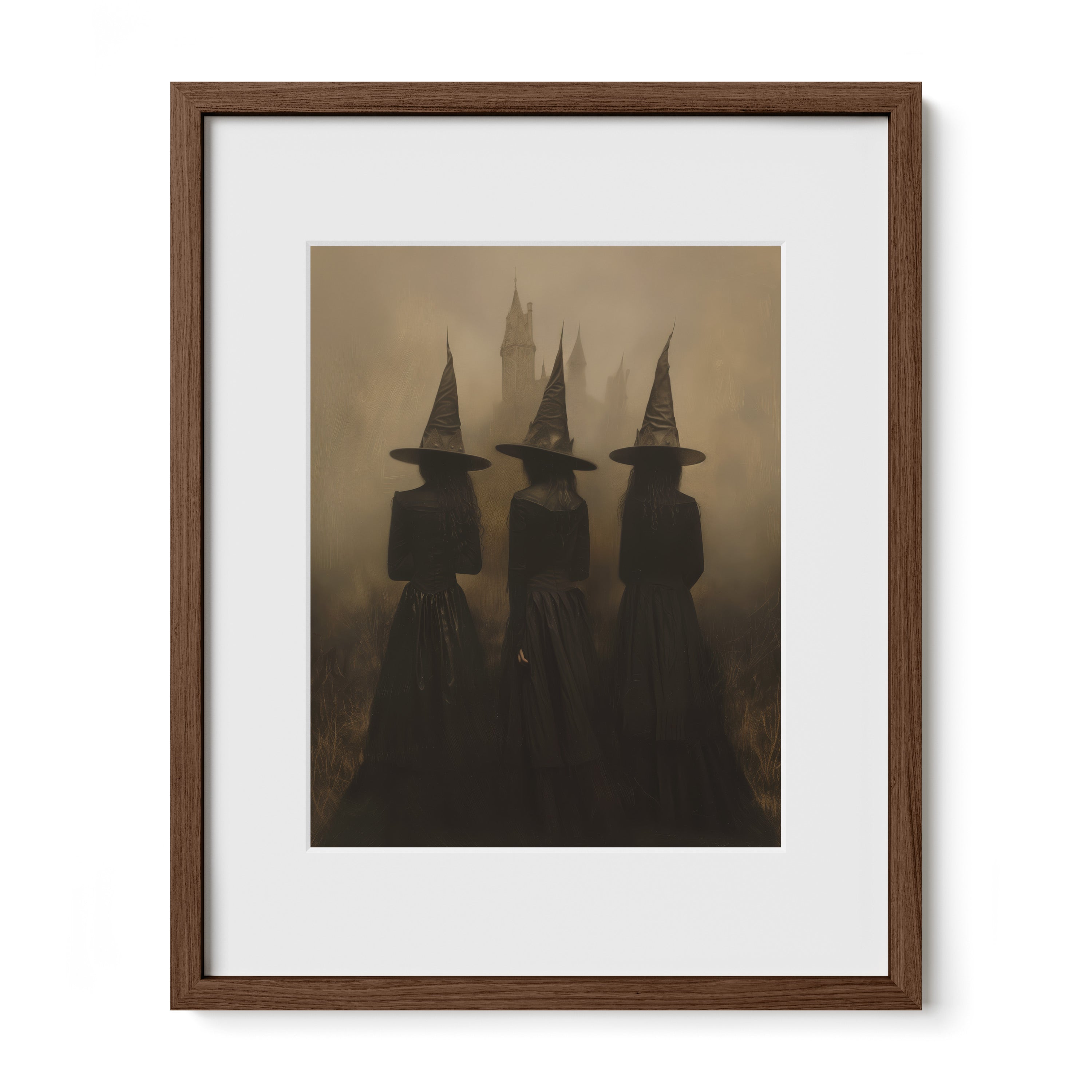 walnut framed Victorian witch decor print with mat