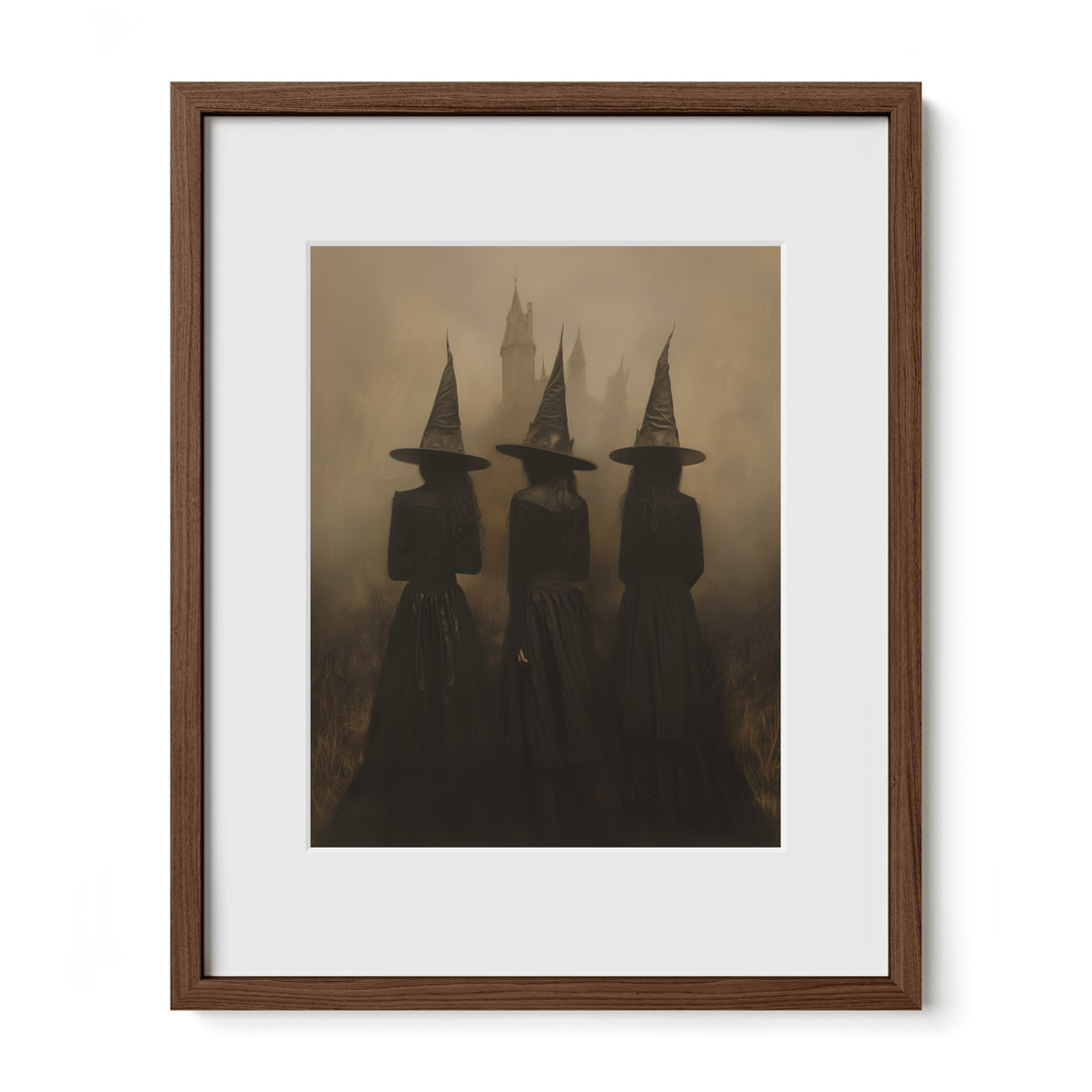 walnut framed Victorian witch decor print with mat