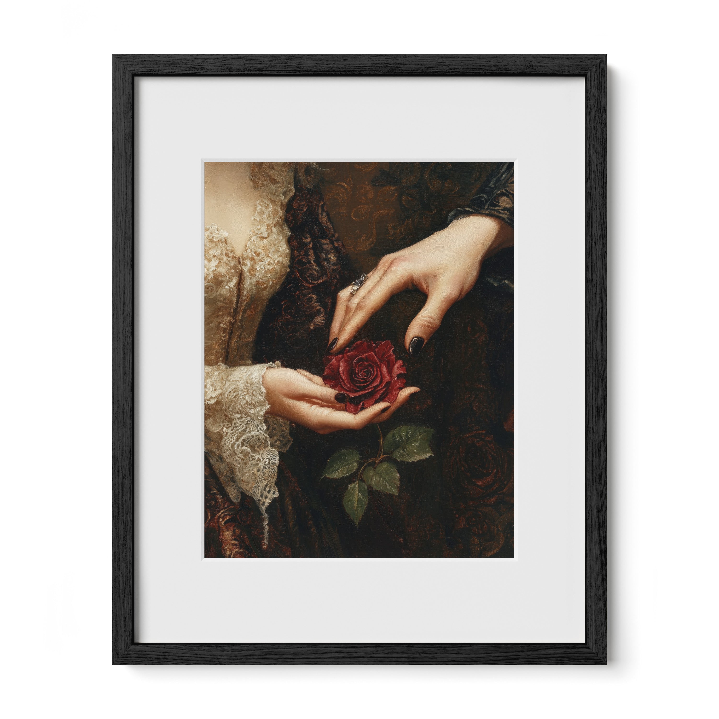 black framed victorian floral wall art print with mat