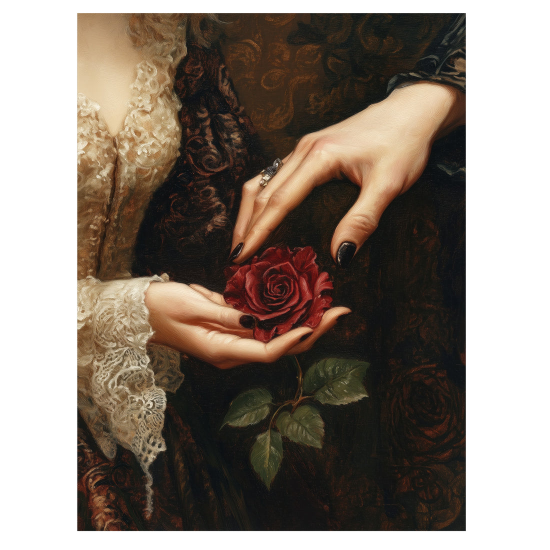 victorian romantic floral wall art print with delicate hands holding red rose