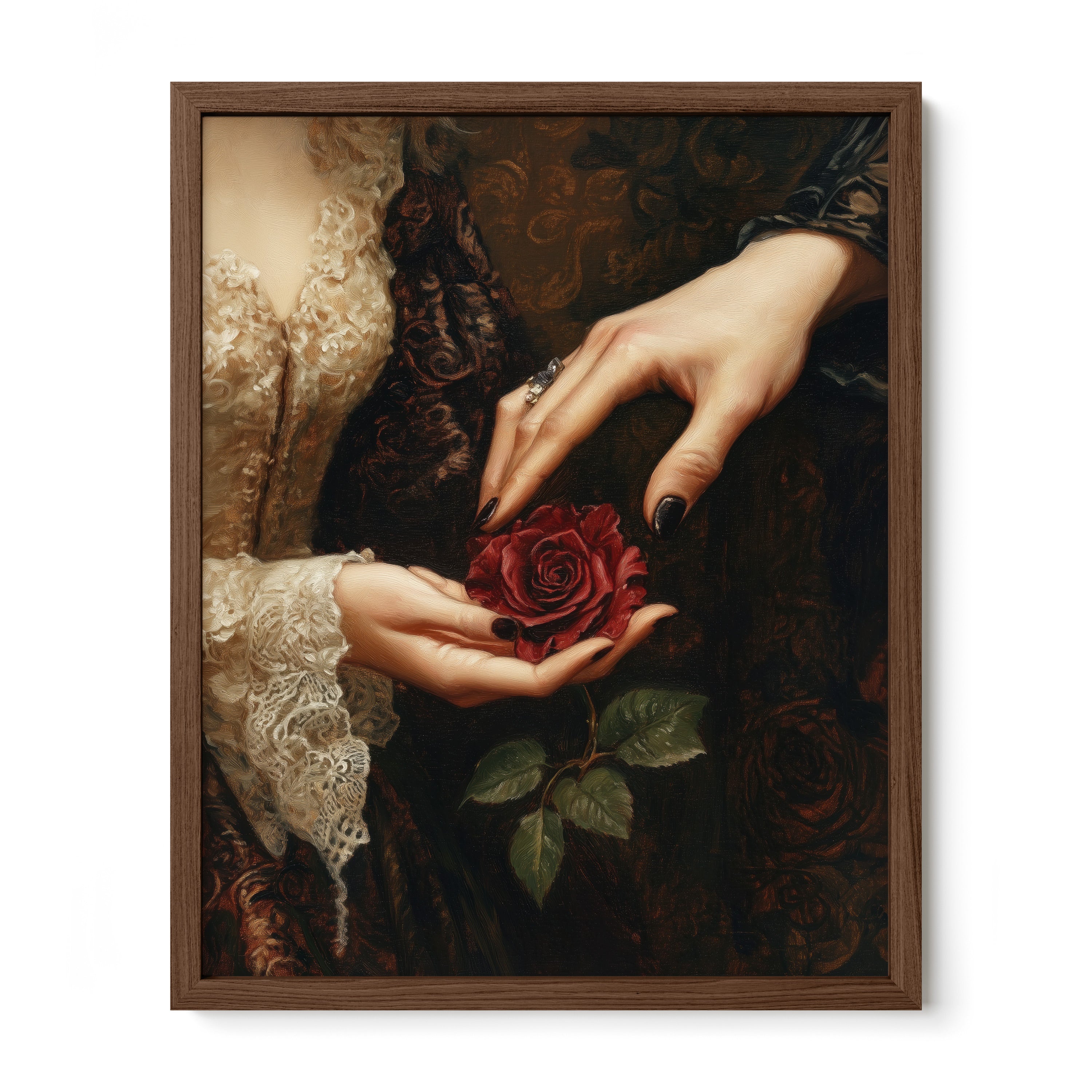 walnut framed romantic floral wall art print