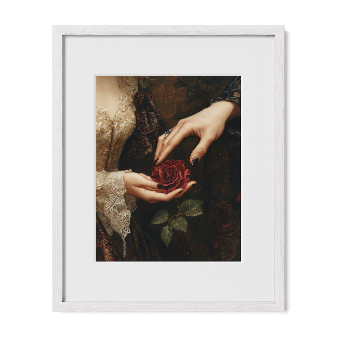 white framed victorian romantic floral wall art print with mat