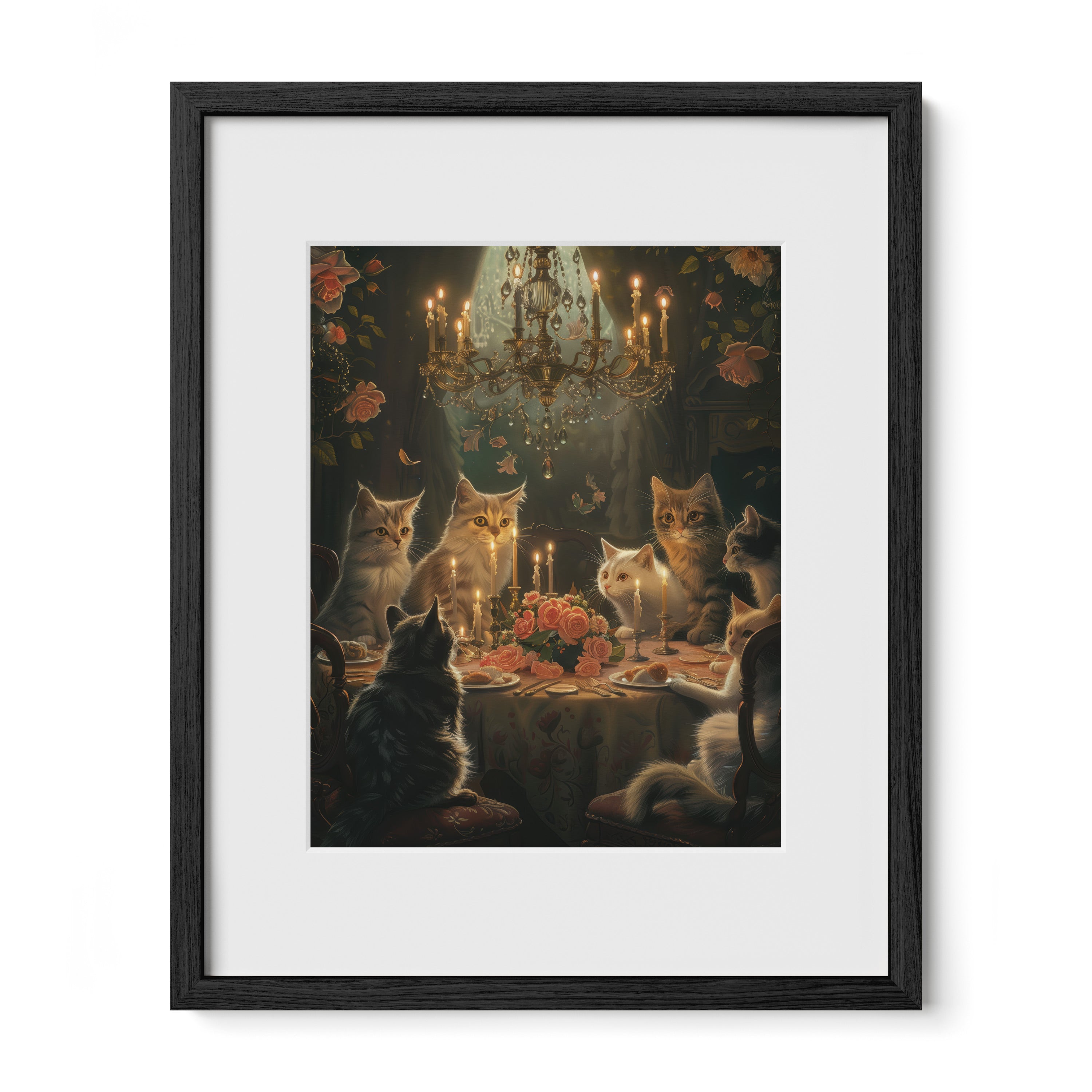 black framed whimsical cat wall art print with mat