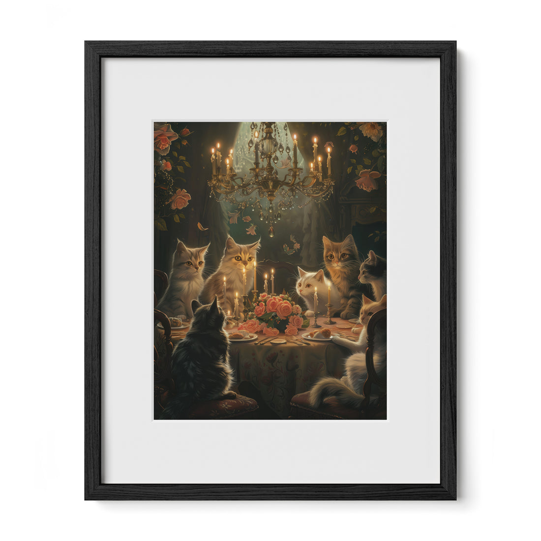 black framed whimsical cat wall art print with mat
