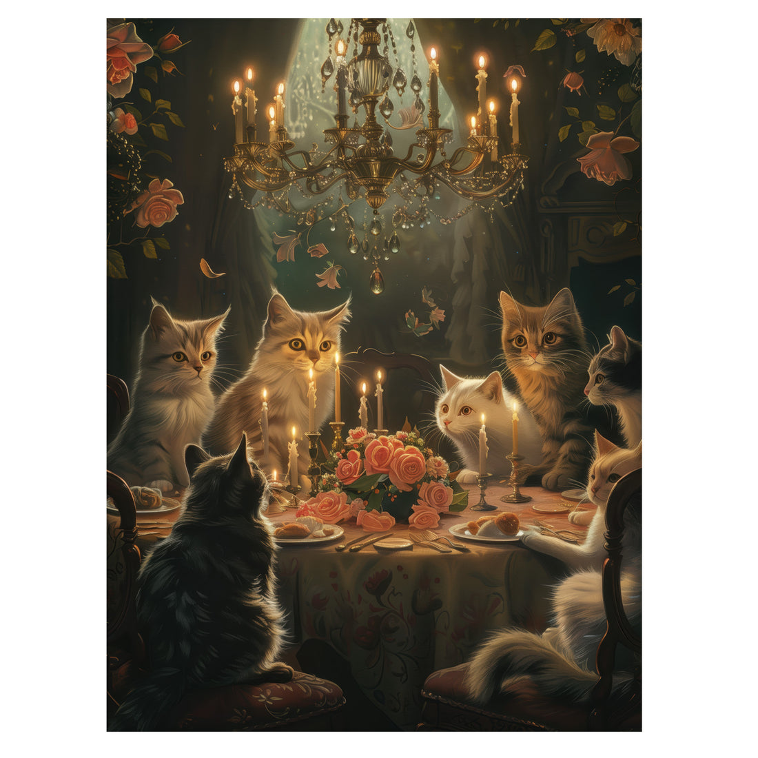 gothic cat banquet wall art print with candlelit cats and chandelier