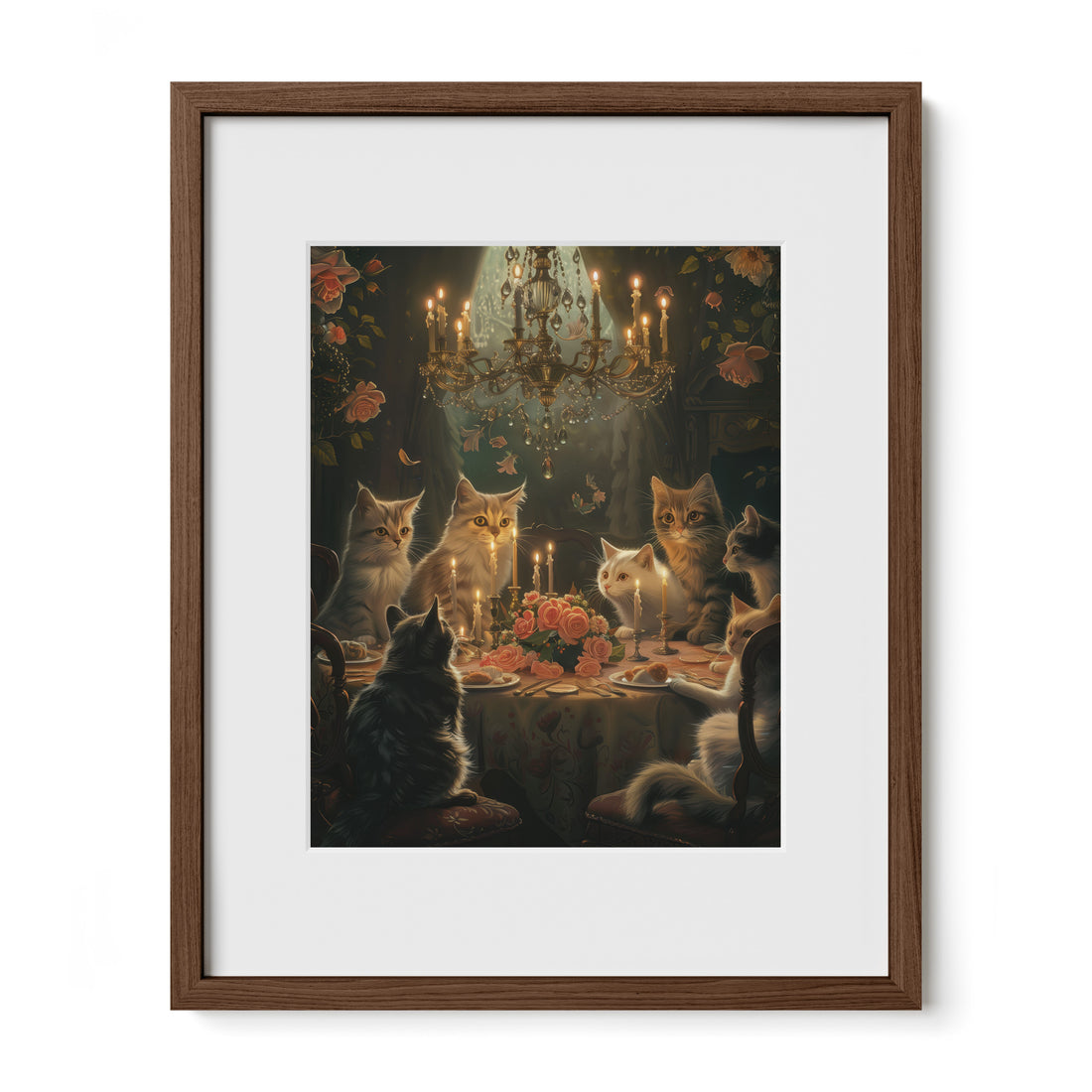 walnut framed dark cottagecore cat print with mat