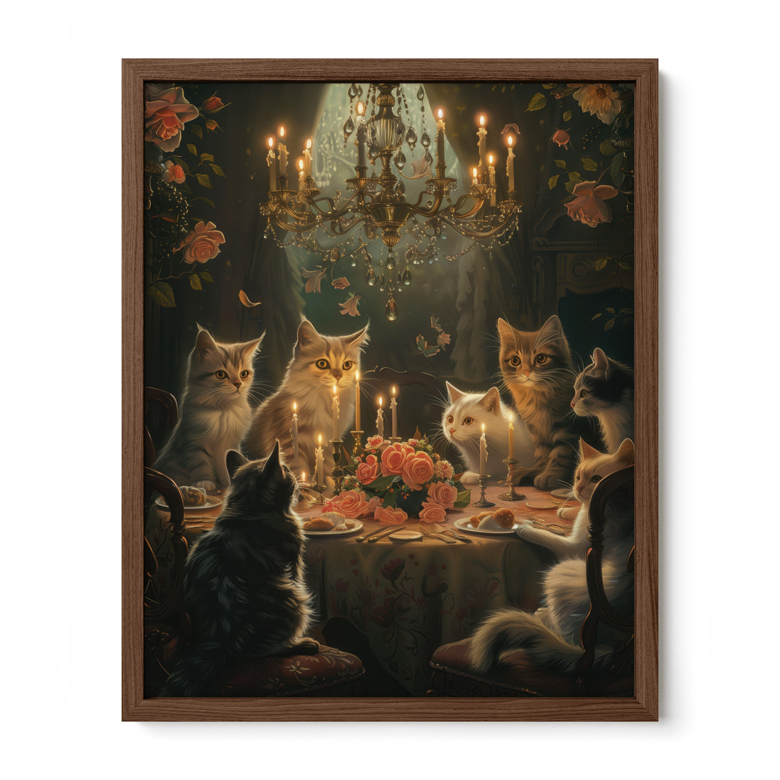 walnut framed gothic feline dinner party wall art print