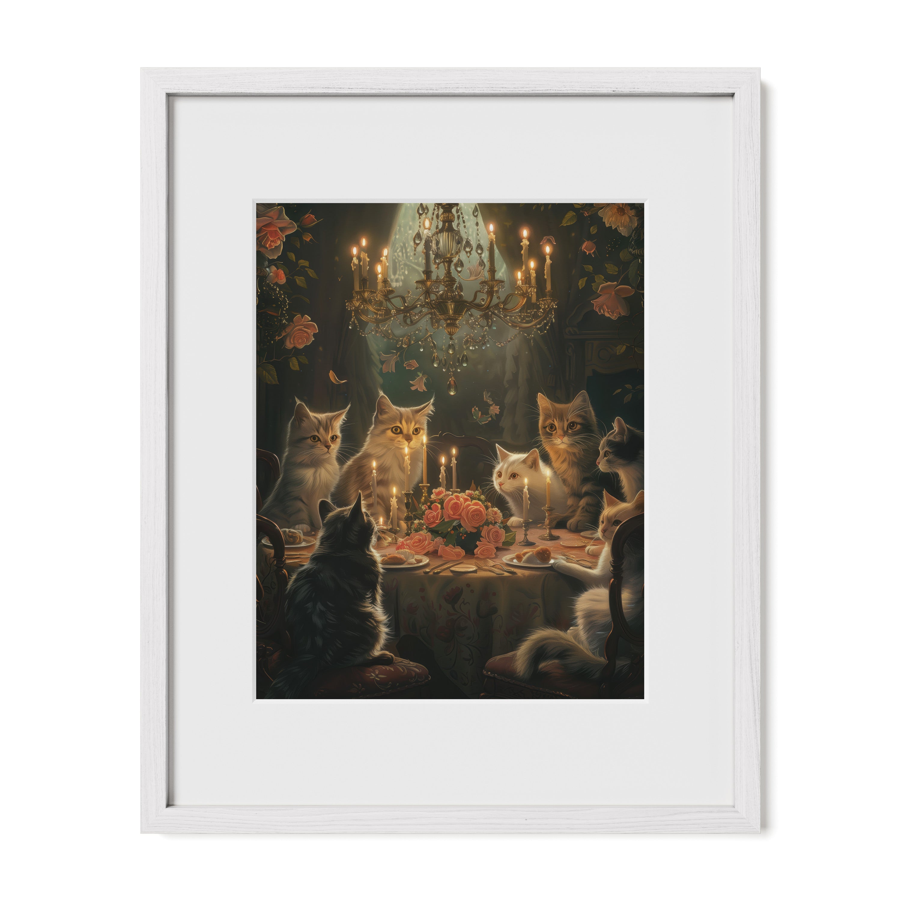 white framed Victorian cat banquet wall art print with mat