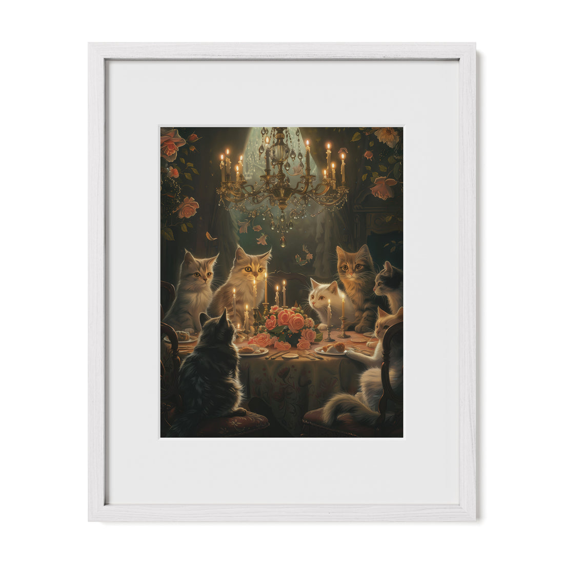 white framed Victorian cat banquet wall art print with mat