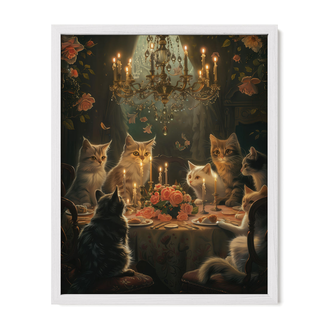 white framed gothic cat chandelier wall art print