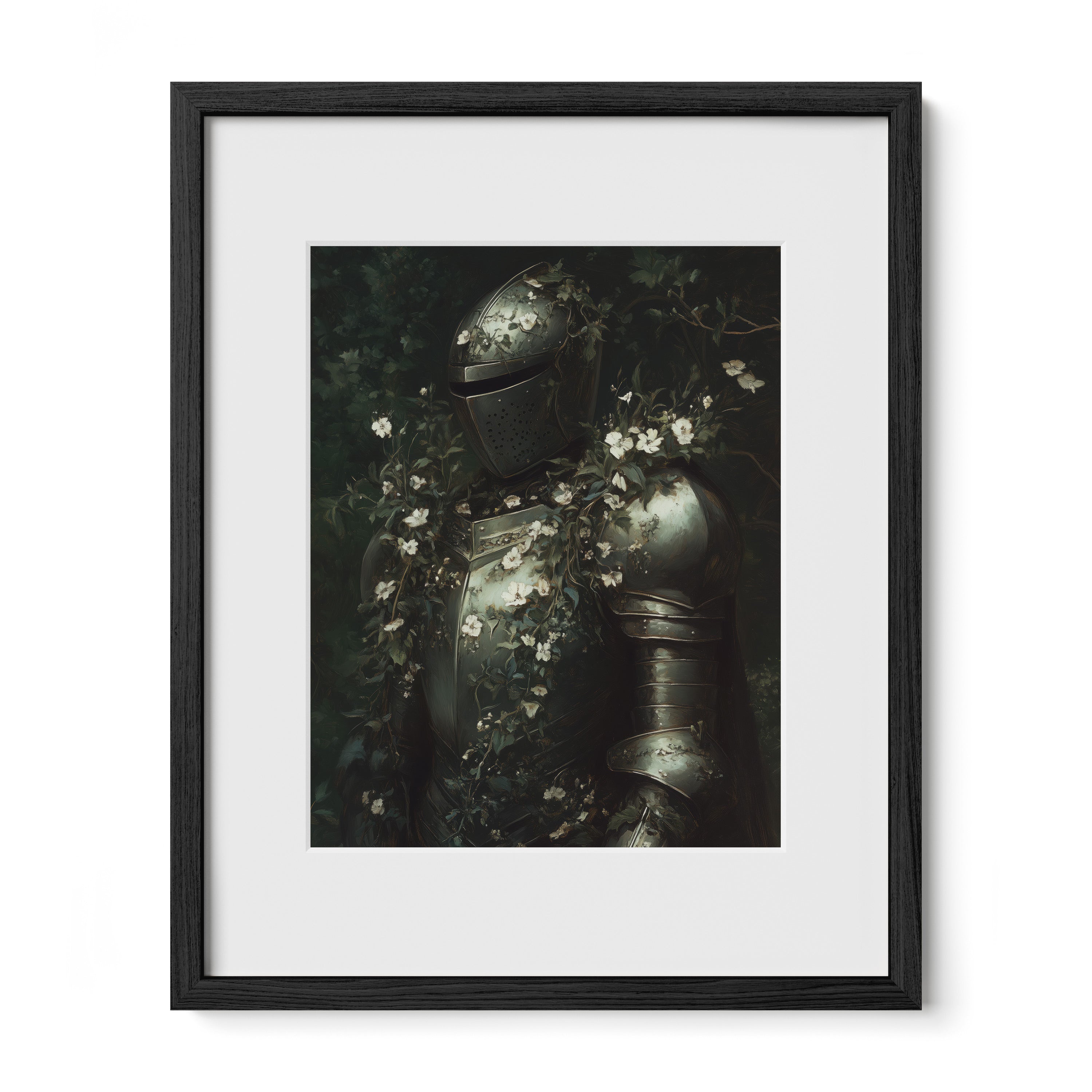 black framed medieval knight wall art print with mat