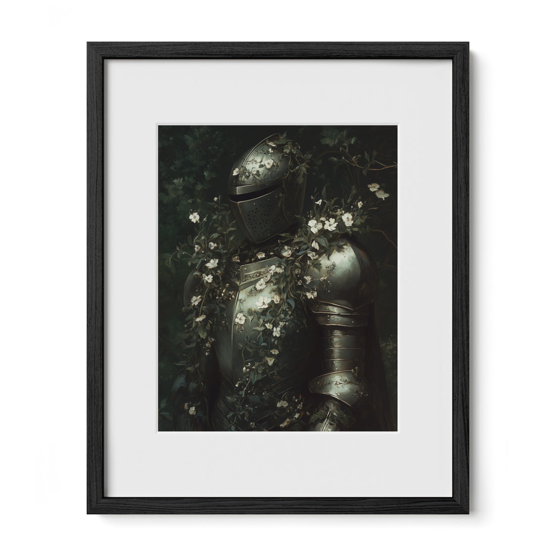 black framed medieval knight wall art print with mat