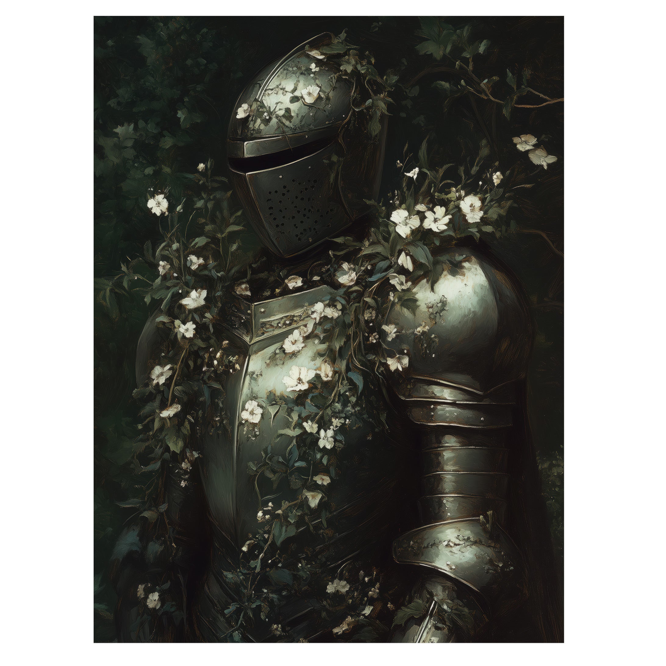 medieval gothic knight wall art print with antique armor and white flowers