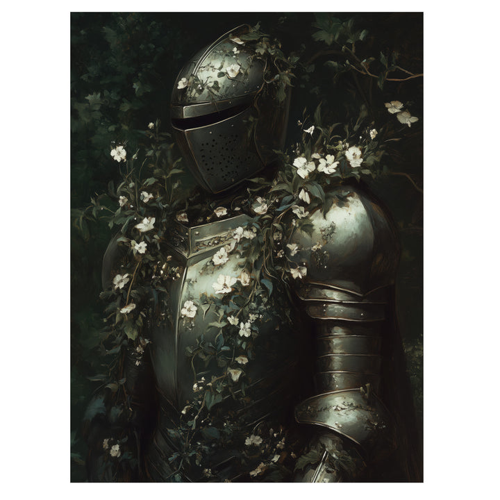 medieval gothic knight wall art print with antique armor and white flowers