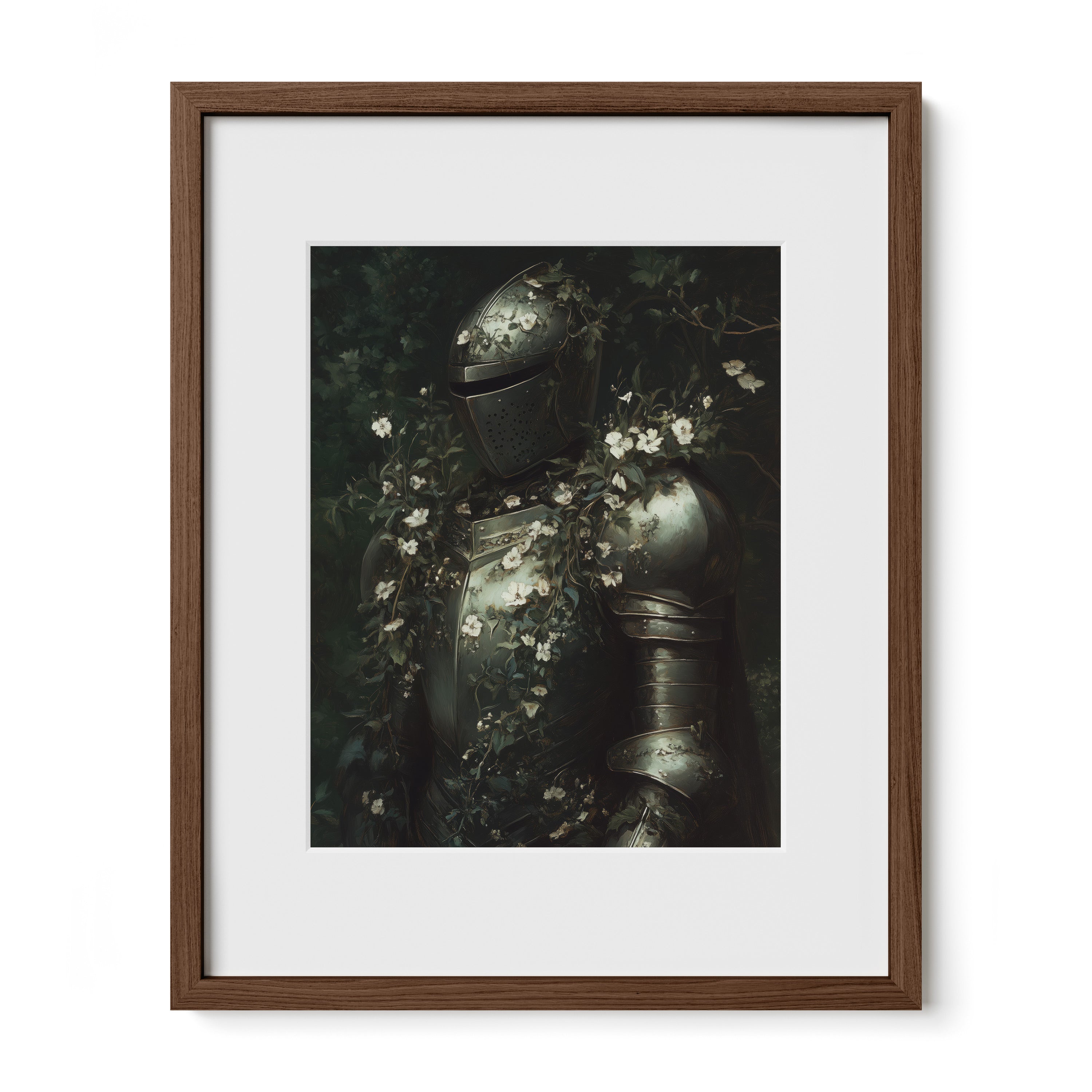 walnut framed knight floral wall art print with mat