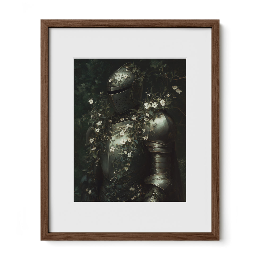 walnut framed knight floral wall art print with mat