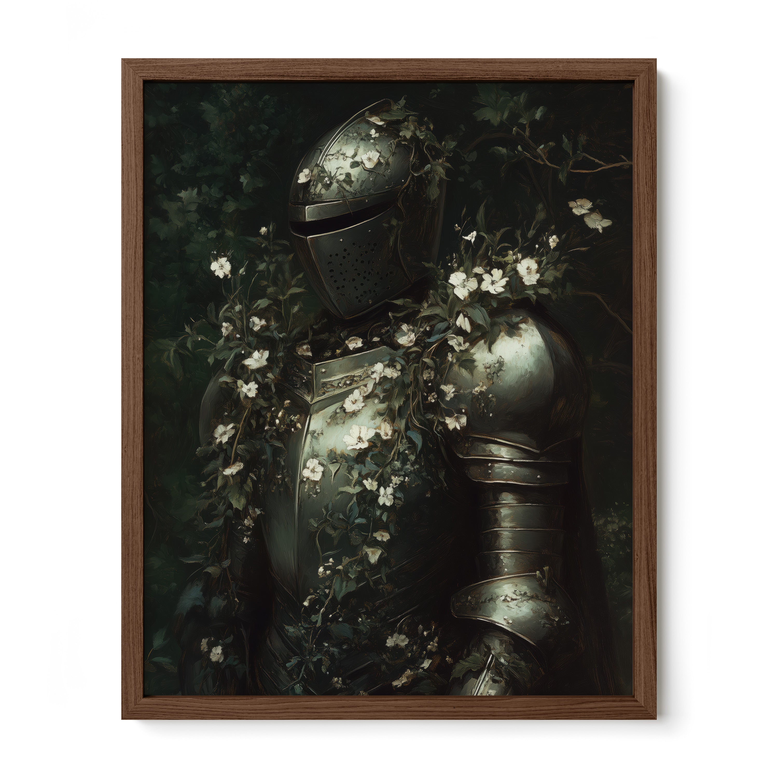 walnut framed medieval gothic knight wall art print