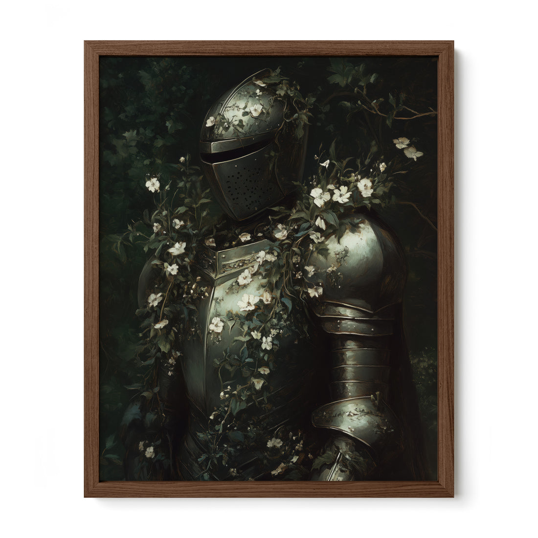 walnut framed medieval gothic knight wall art print