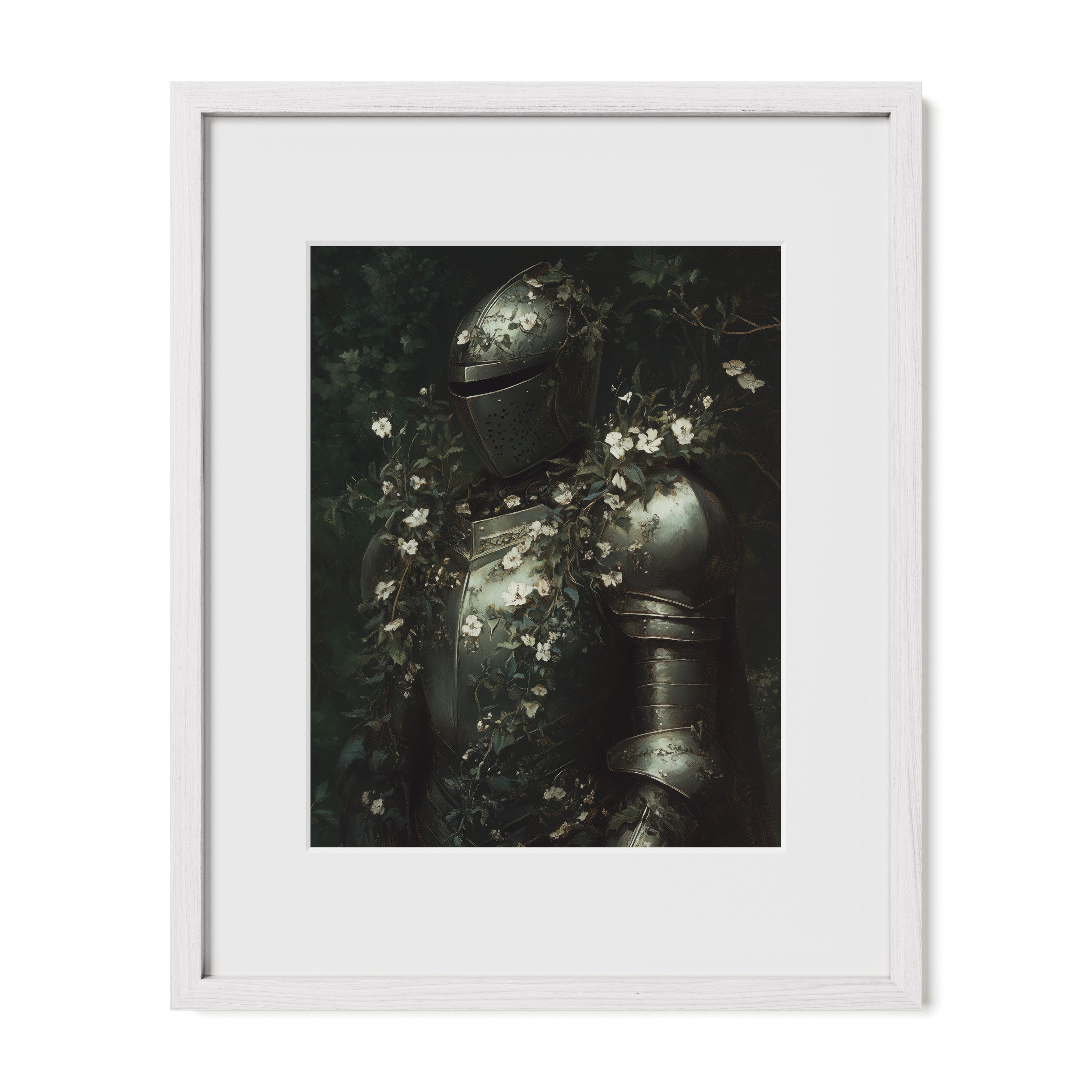 white framed medieval knight wall art print with mat