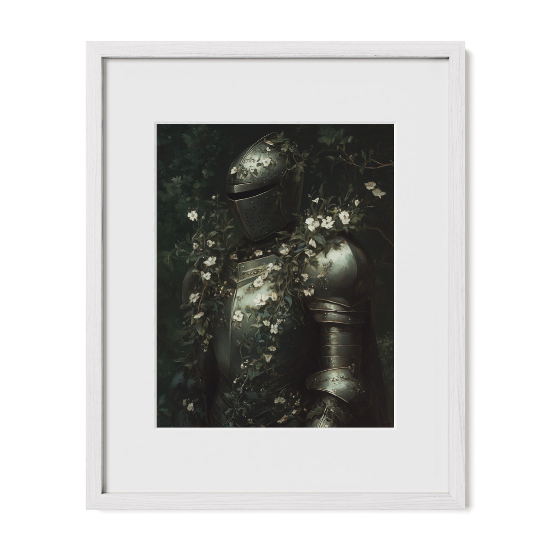 white framed medieval knight wall art print with mat
